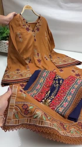 Aneelas Peach Wool Emb 3pc With Printed Duppata [PLX-26-06] [Dispatch Time 2.5 Months]