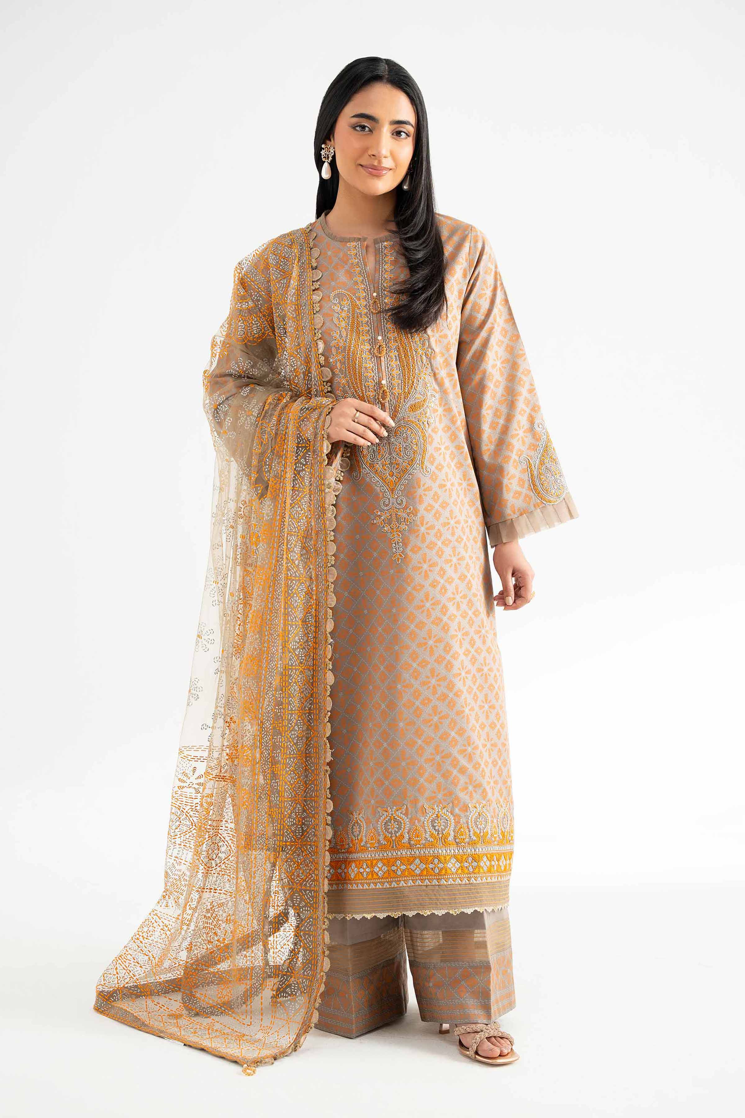 3 Piece - Paste Printed Embroidered Suit - 42501849