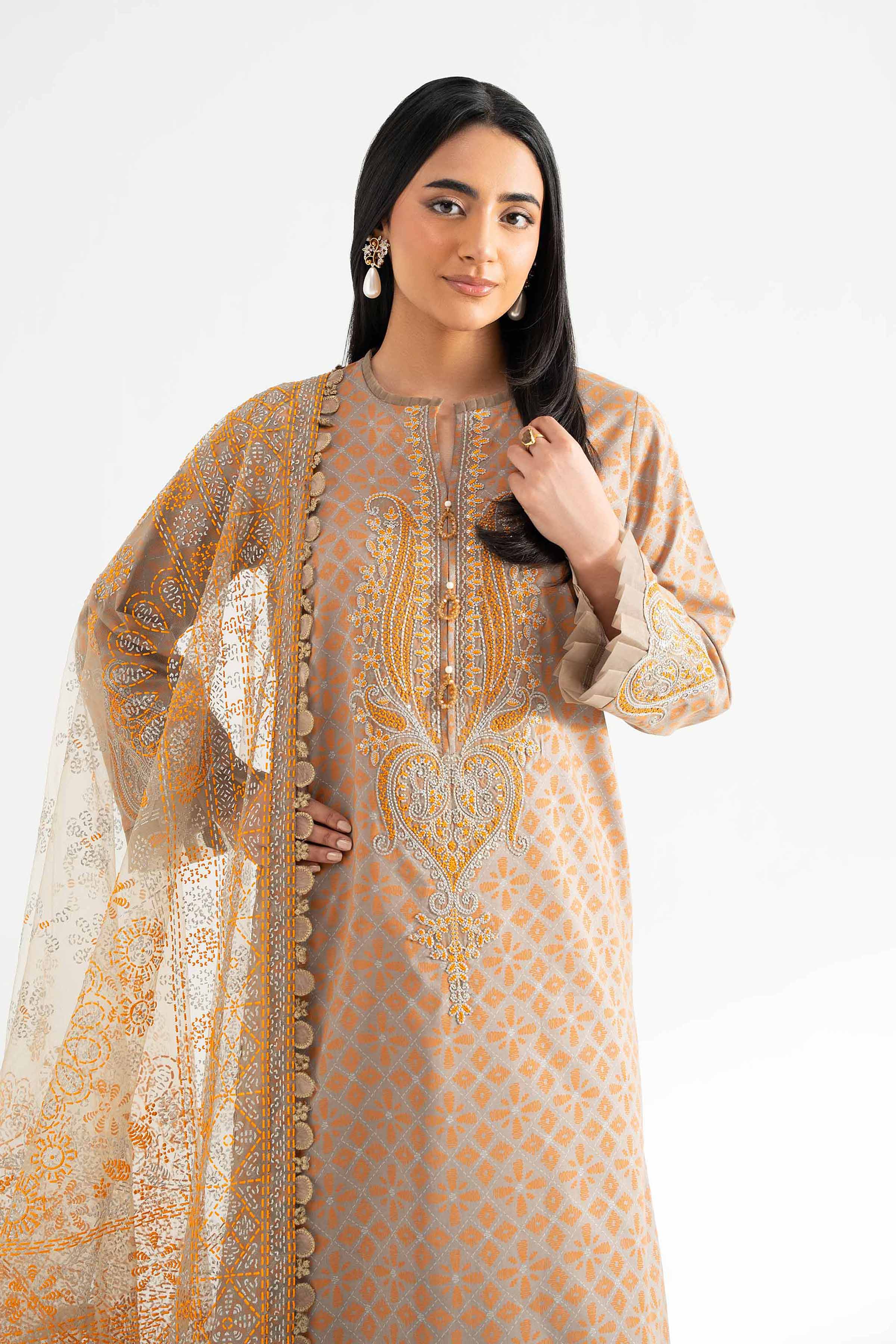 3 Piece - Paste Printed Embroidered Suit - 42501849