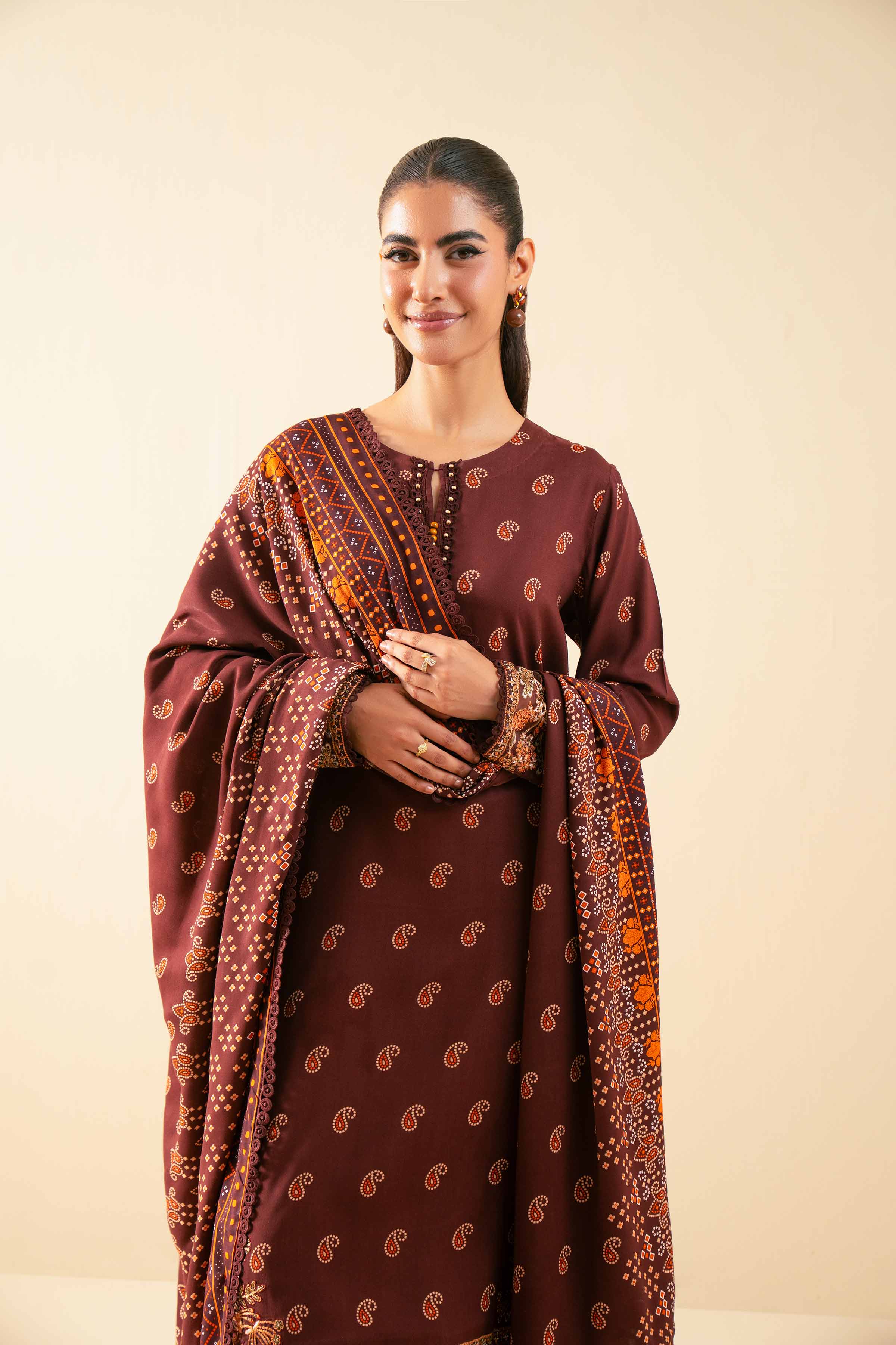 3 Piece - Printed Embroidered Suit - 42502826