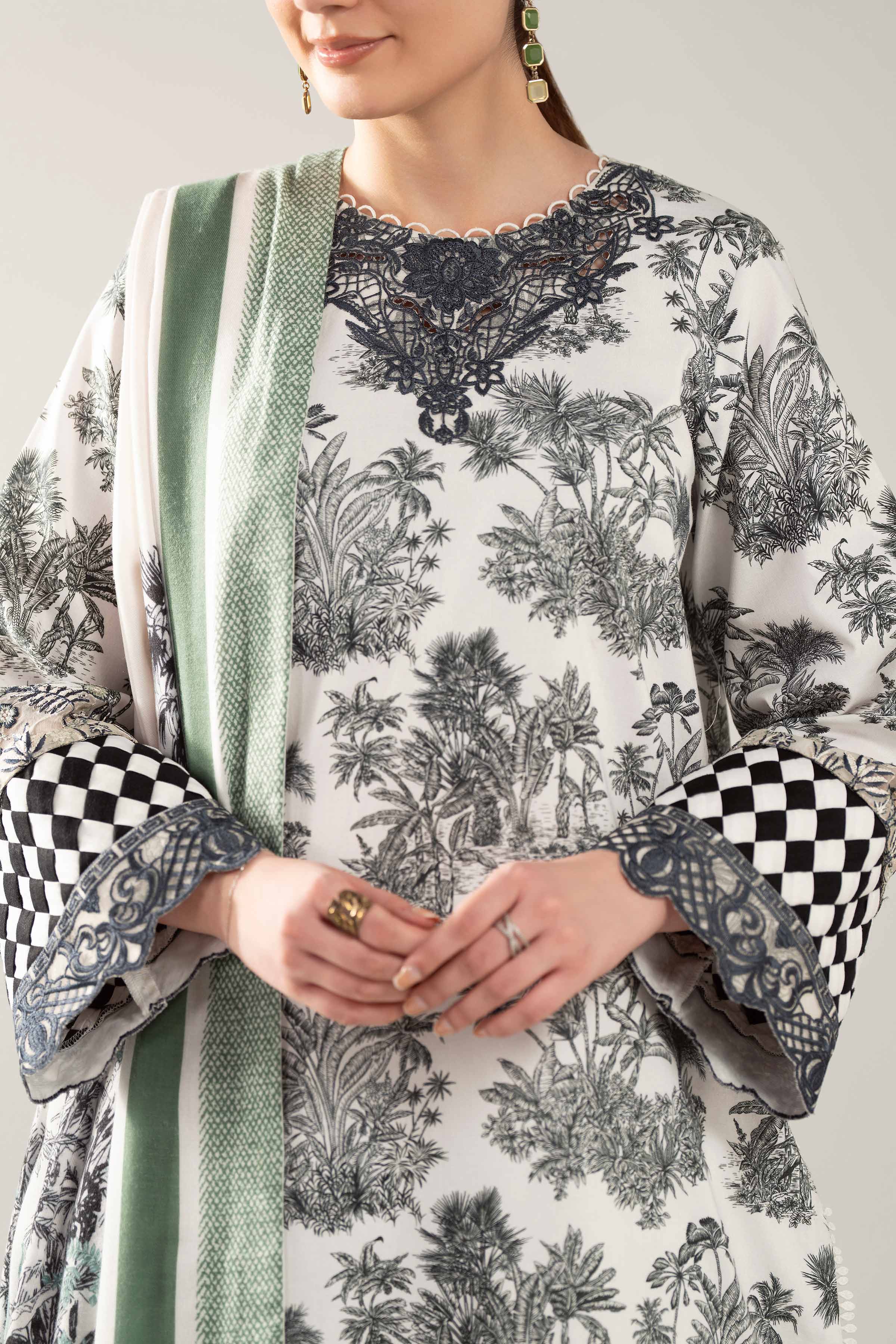 3 Piece - Printed Embroidered Suit - 42503725