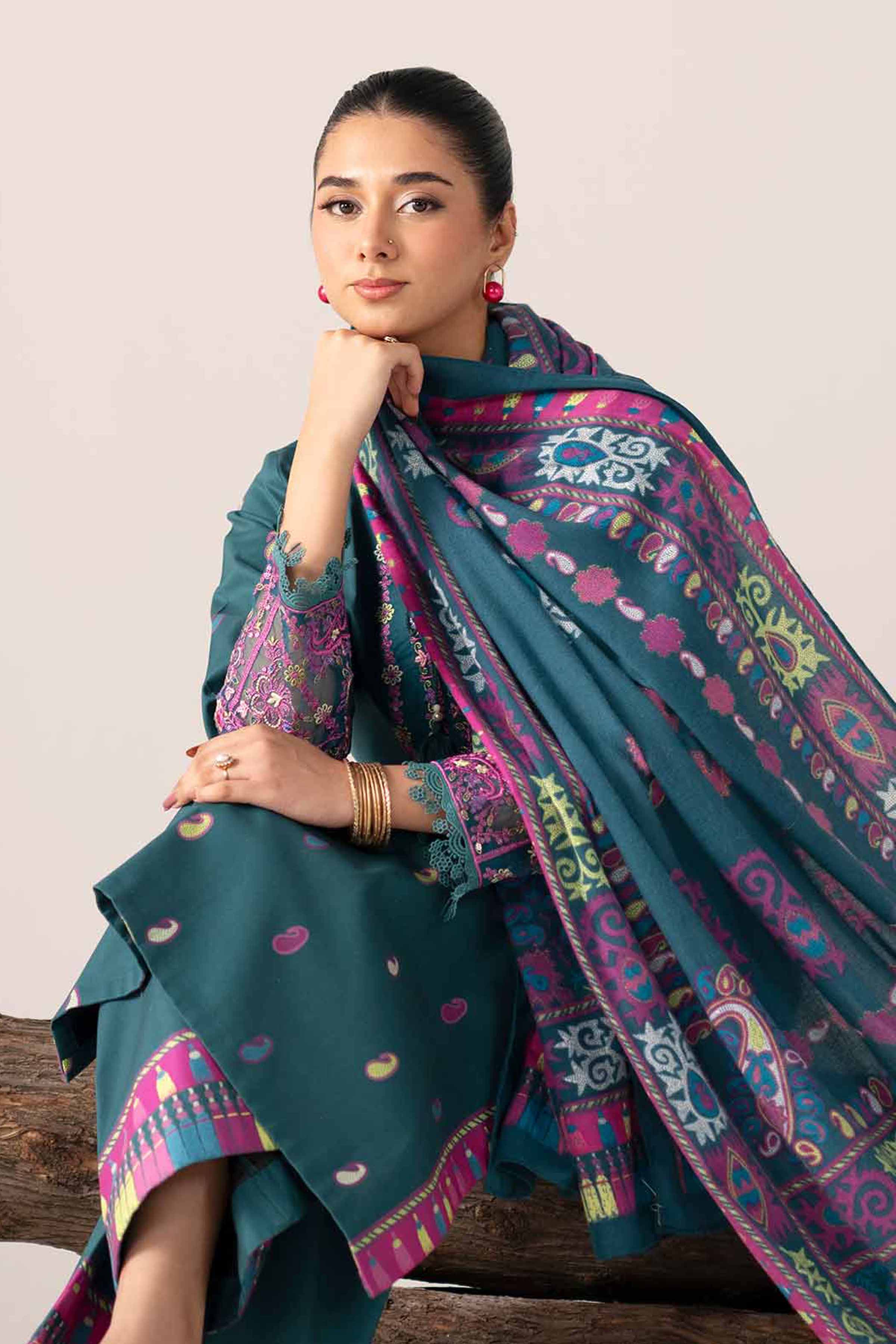 3 Piece - Printed Embroidered Suit - 42503727