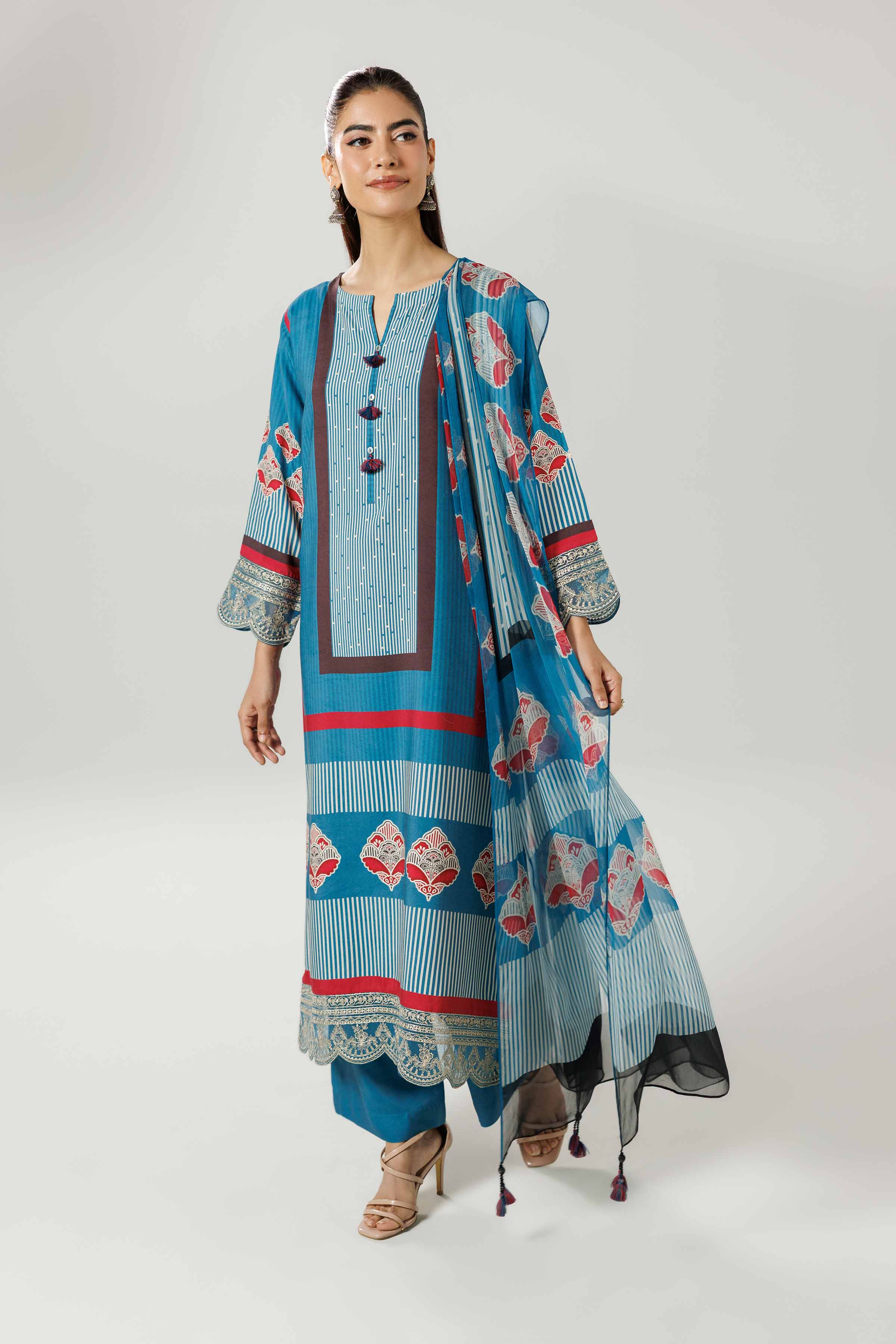3 Piece - Printed Embroidered Suit - 42519593