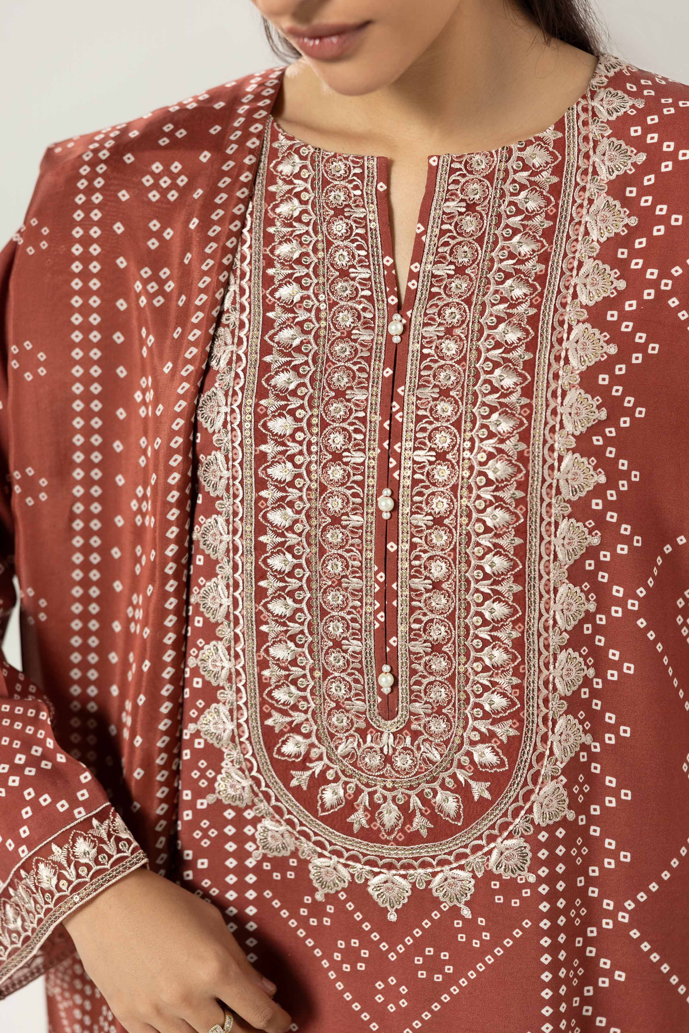 3 Piece - Printed Embroidered Suit - 42519601