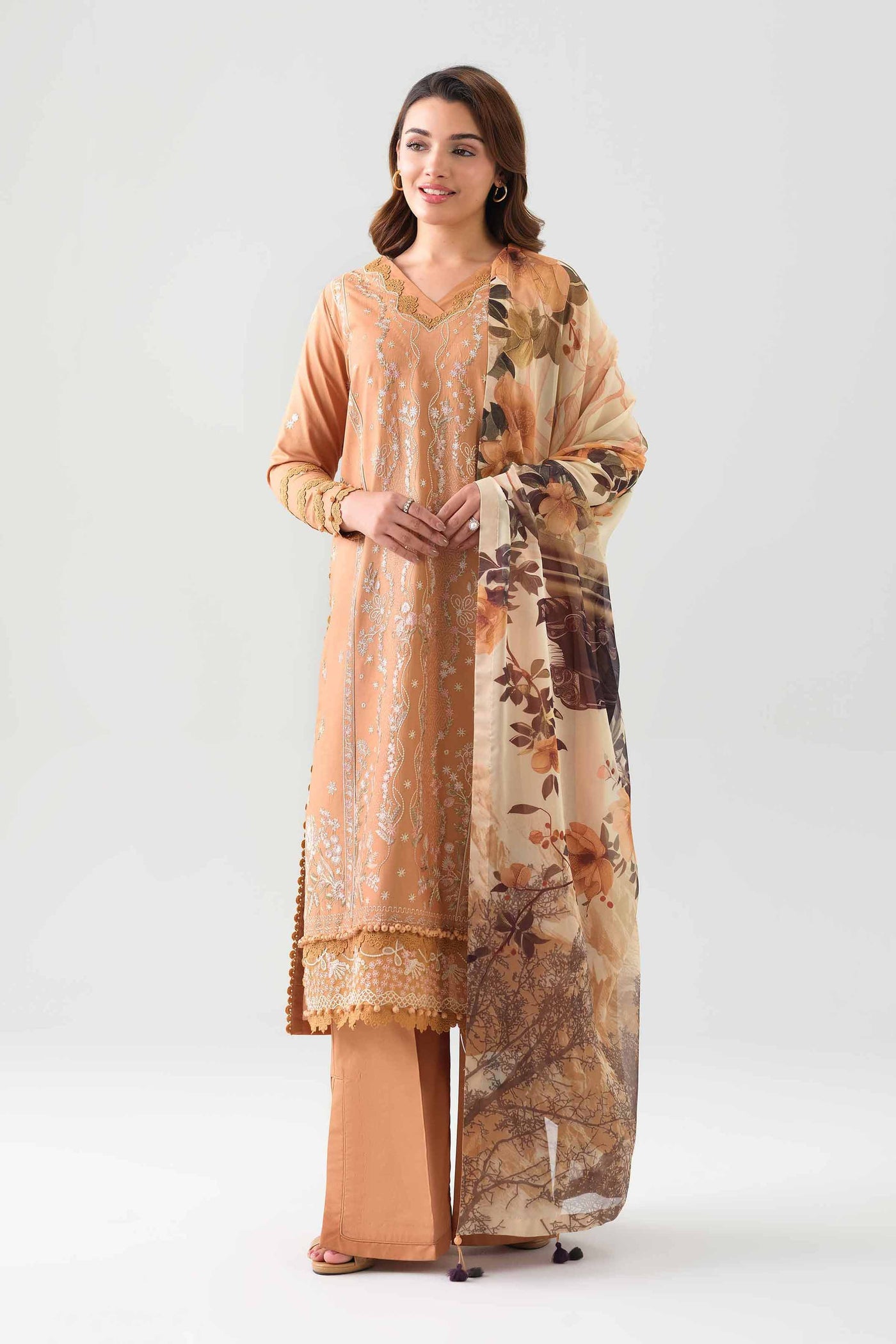 3 Piece Embroidered Self Tassel Silk Suit