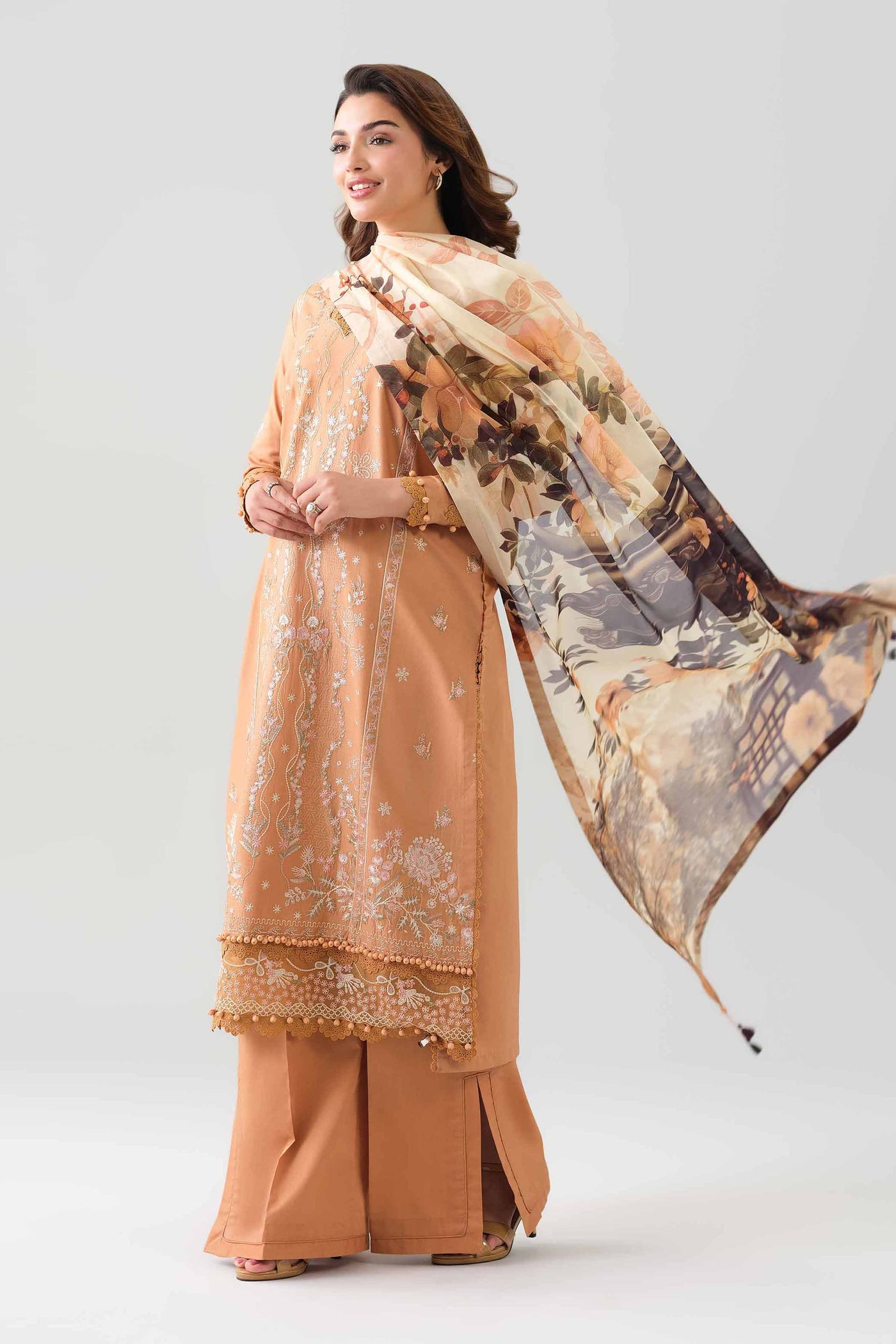 3 Piece Embroidered Self Tassel Silk Suit