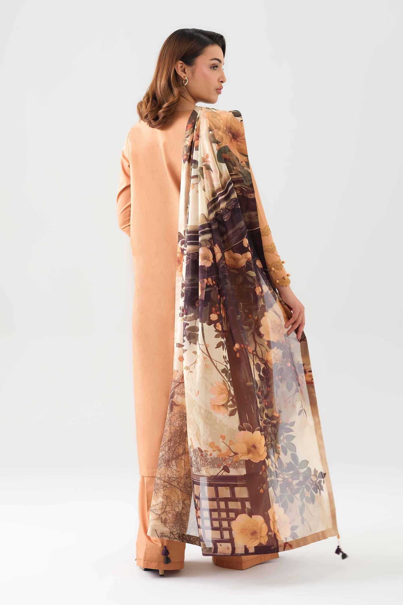 3 Piece Embroidered Self Tassel Silk Suit