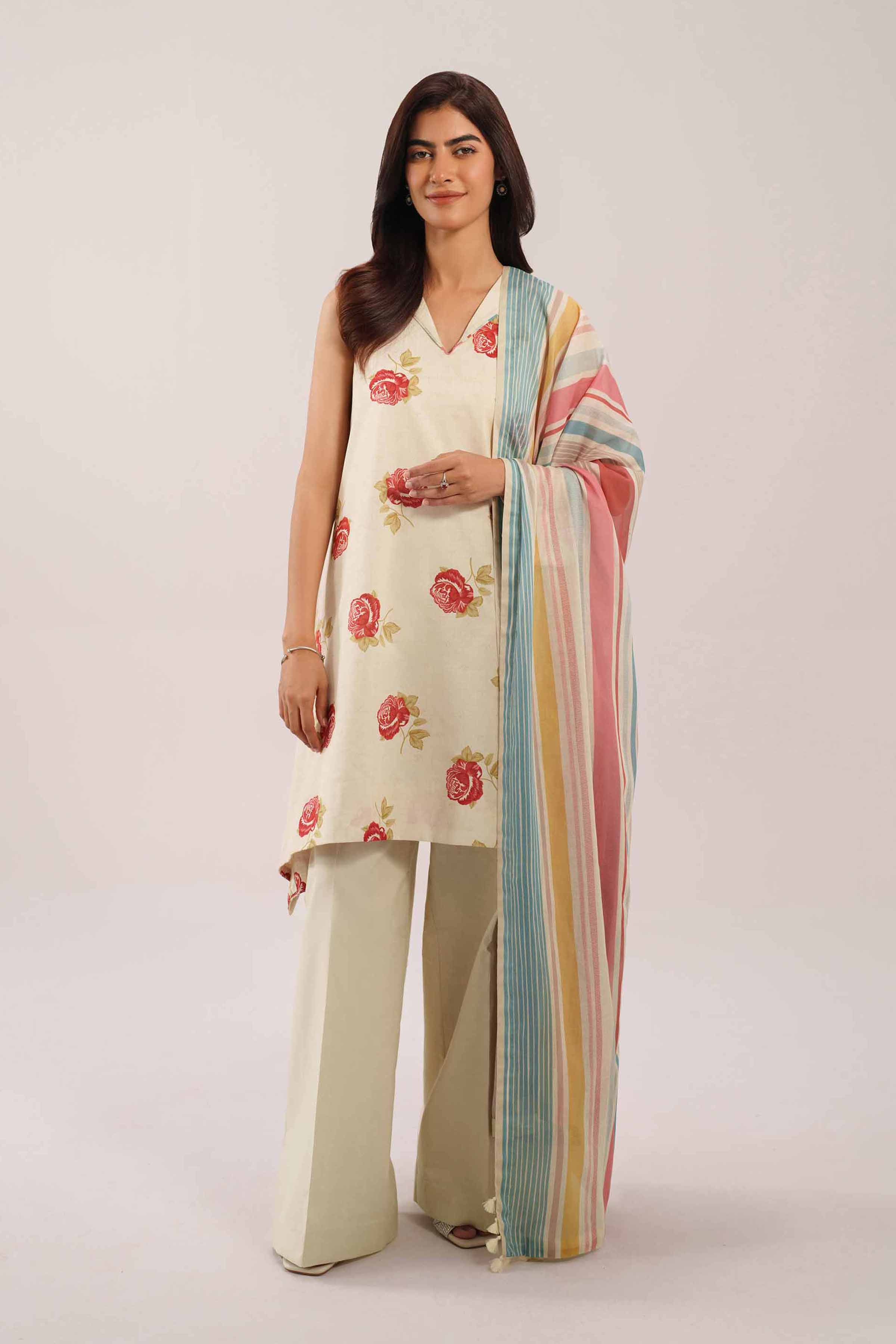 3 Piece Embroidered Paper Cotton Suit