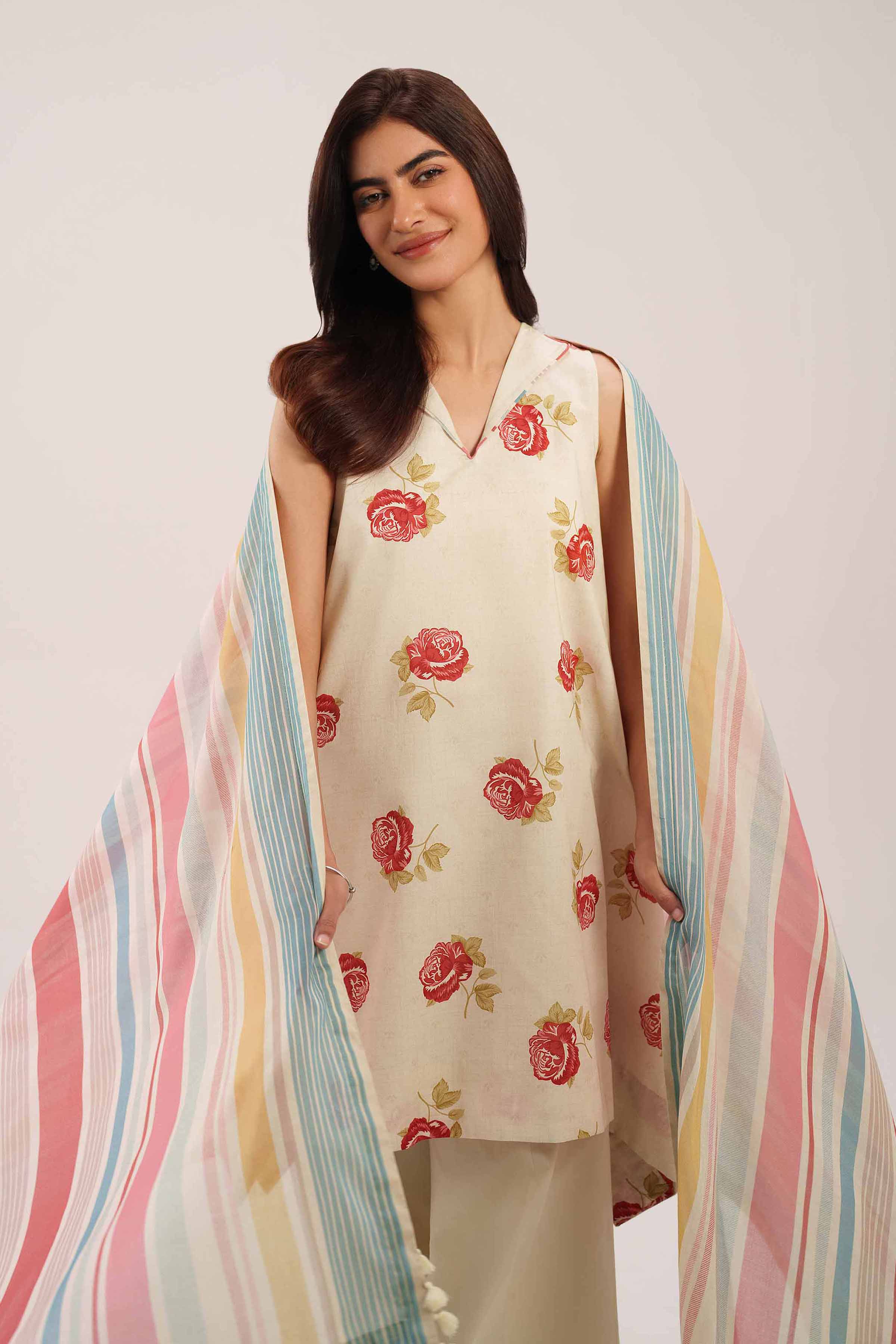 3 Piece Embroidered Paper Cotton Suit