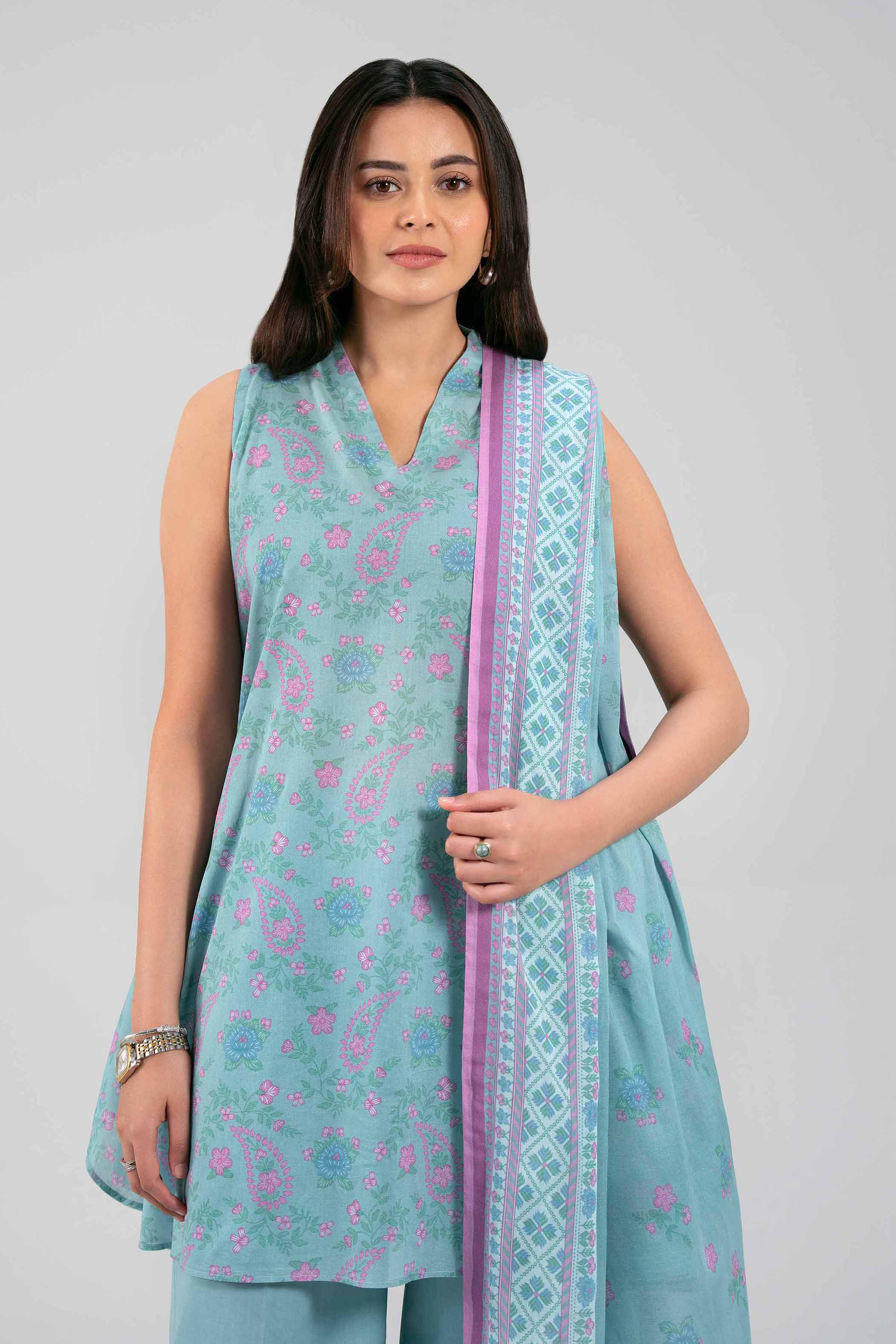 2 Piece Embroidered Striped Cotton Suit