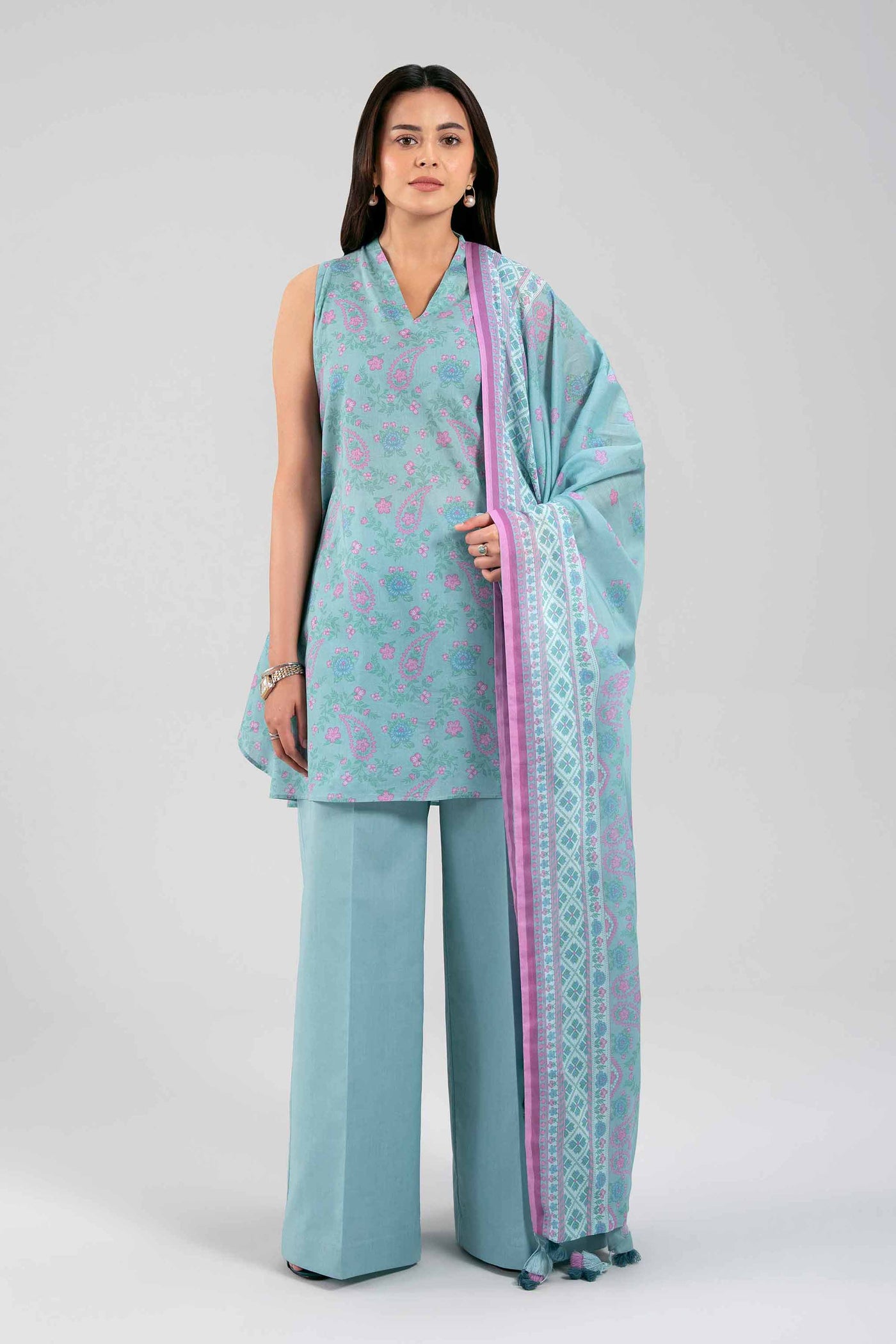 2 Piece Embroidered Striped Cotton Suit