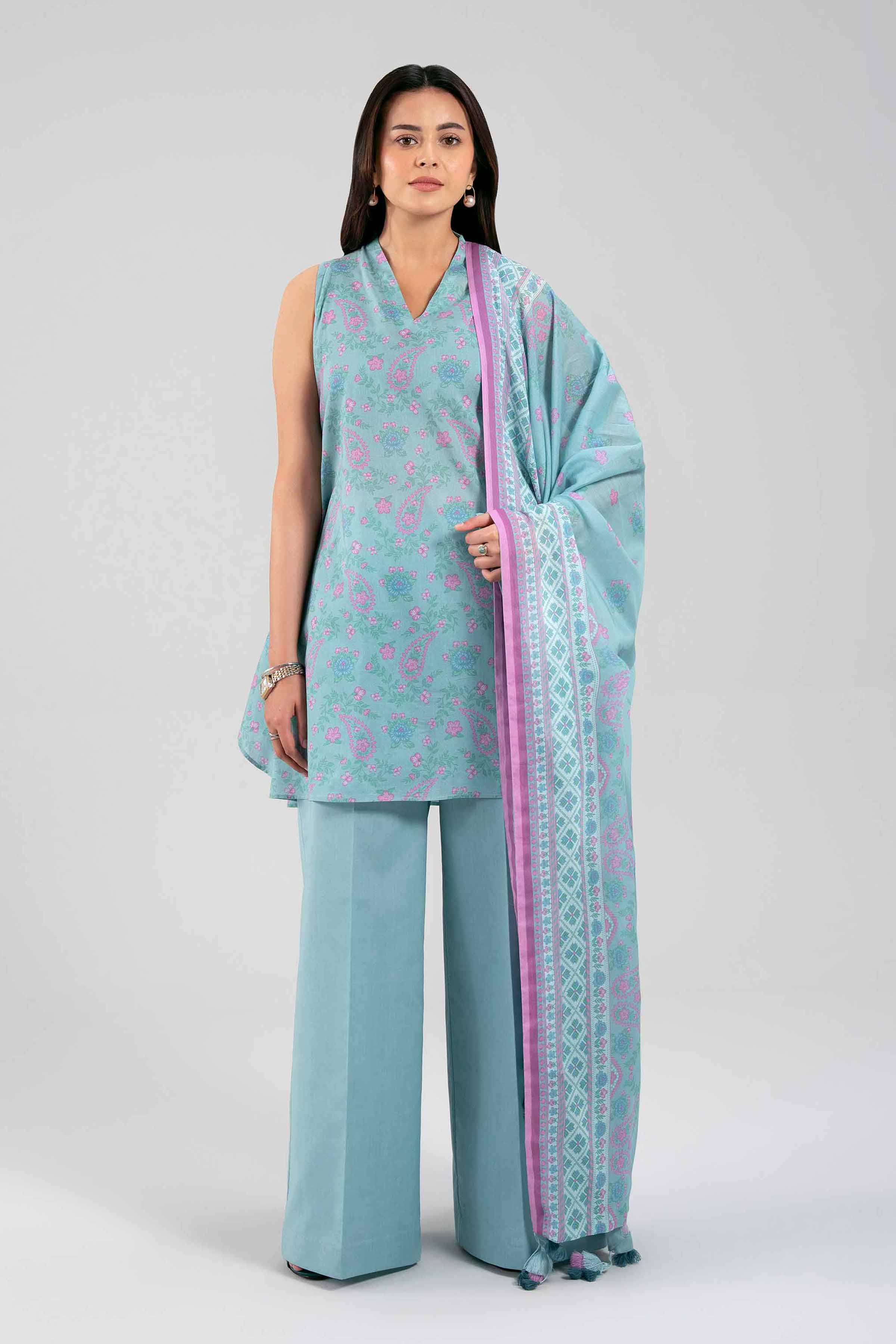 2 Piece Embroidered Striped Cotton Suit