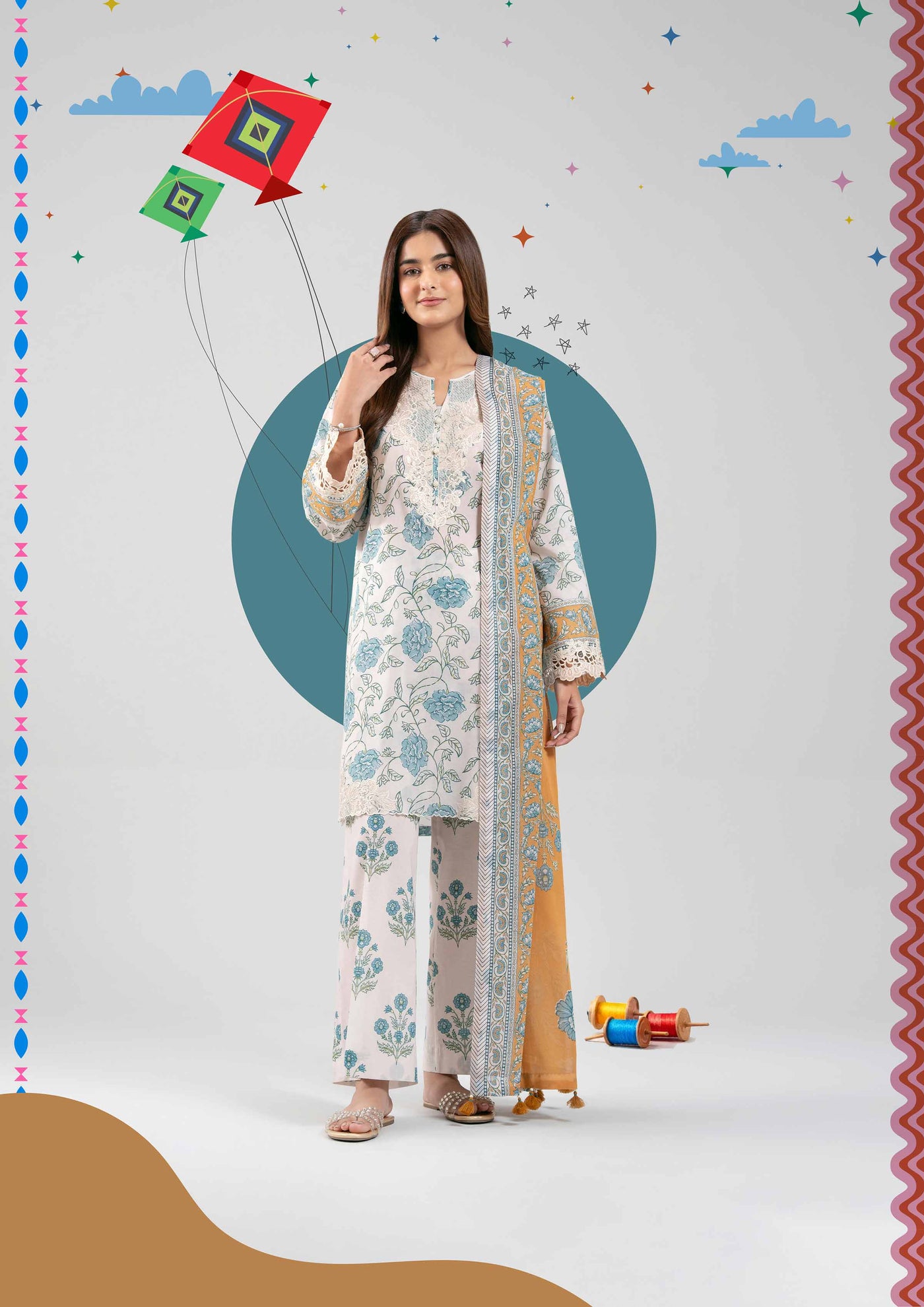 3 Piece Embroidered Paper Cotton Suit