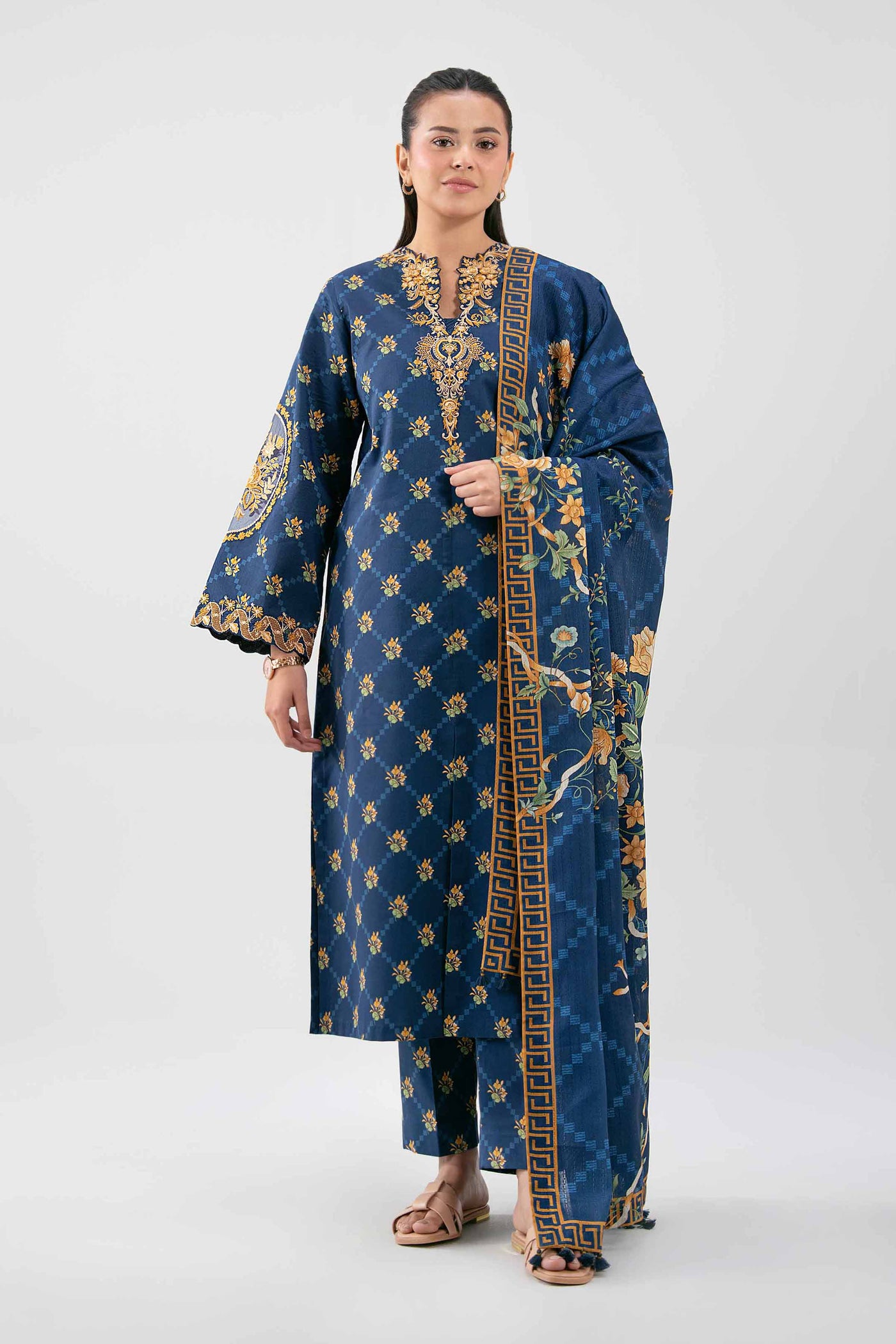 3 Piece Embroidered Paper Silk Suit