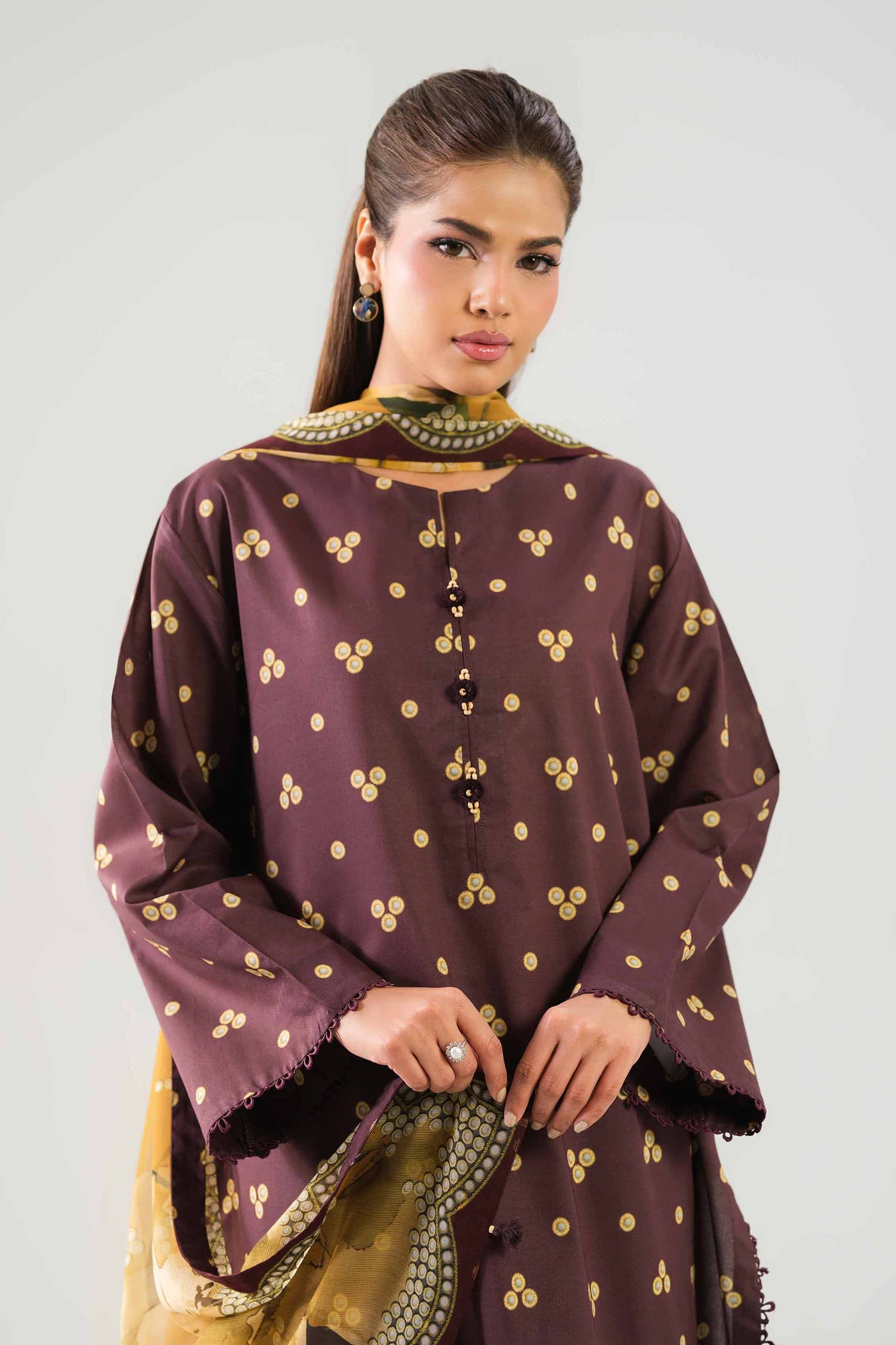 3 Piece Embroidered Self Tassel Silk Suit
