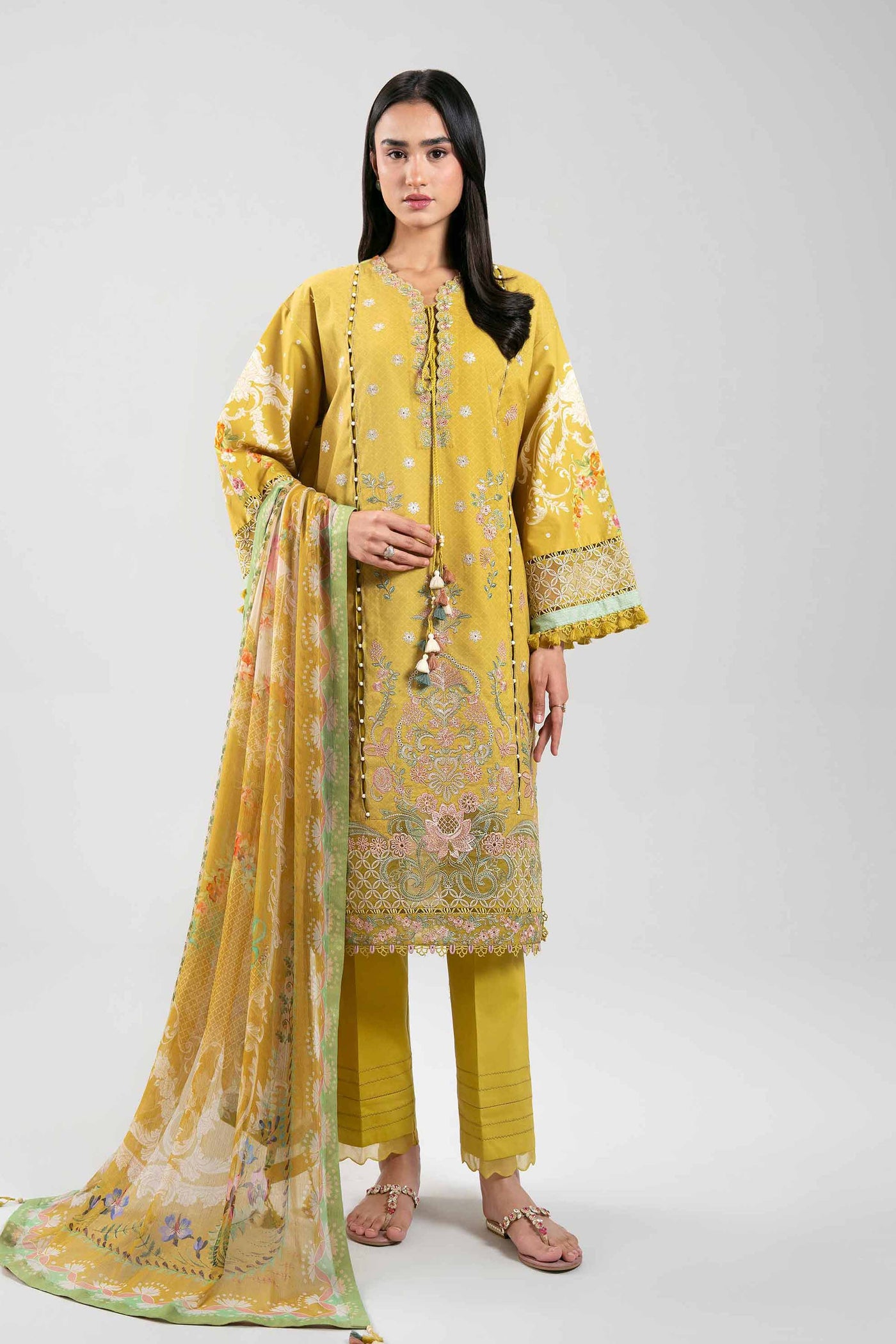3 Piece Embroidered Raw Silk Suit