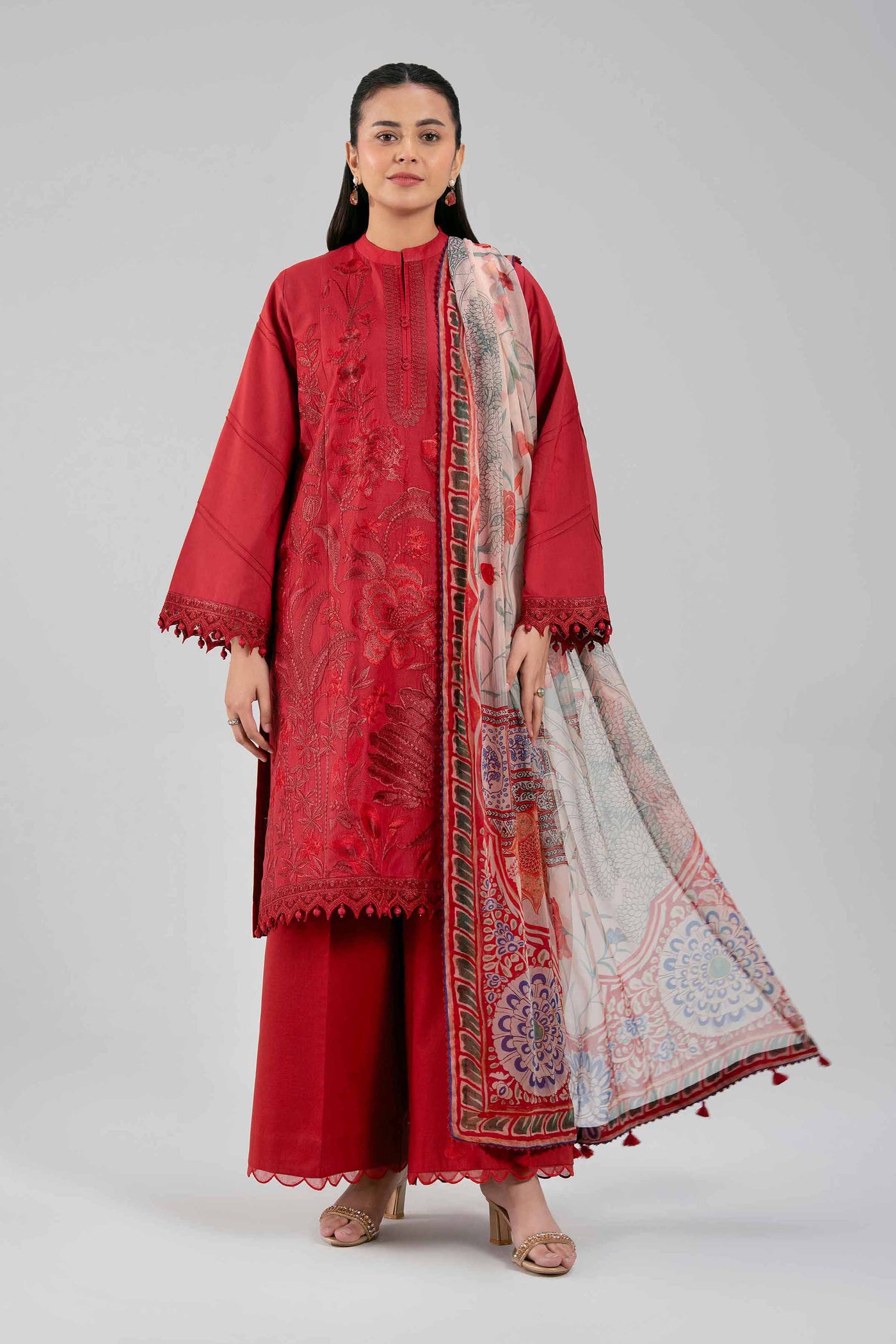3 Piece Embroidered Raw Silk Suit