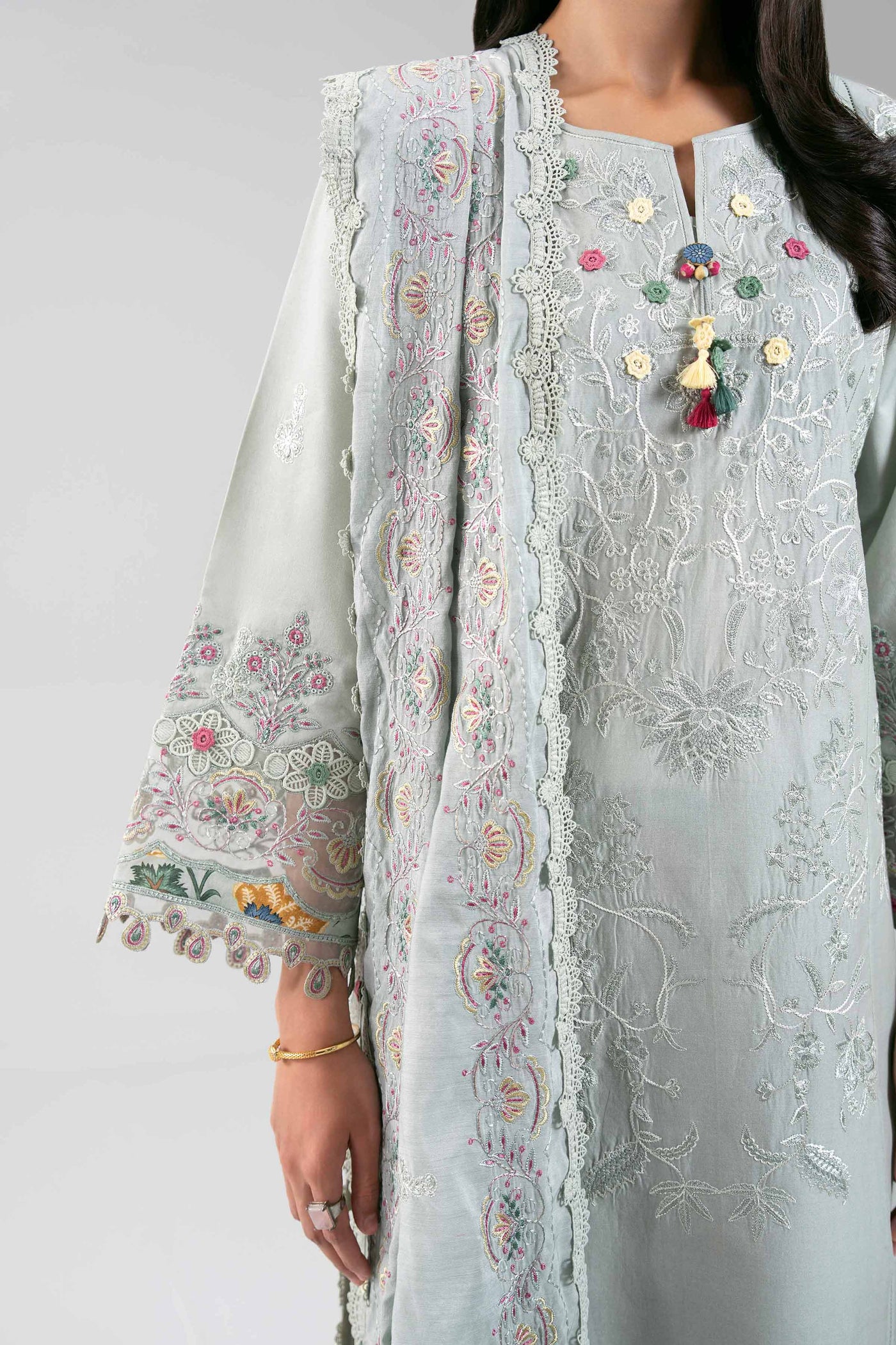 3 Piece Embroidered Raw Silk Suit