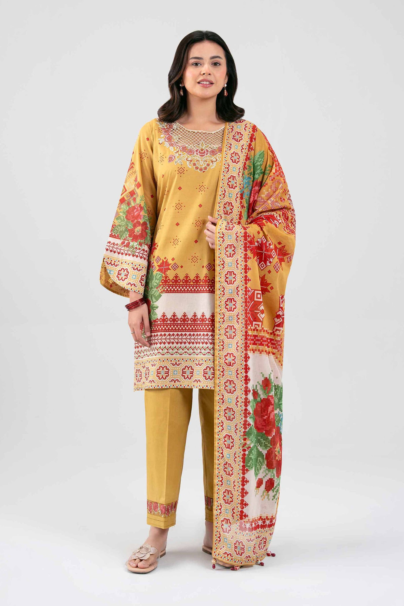 3 Piece Embroidered Raw Silk Suit