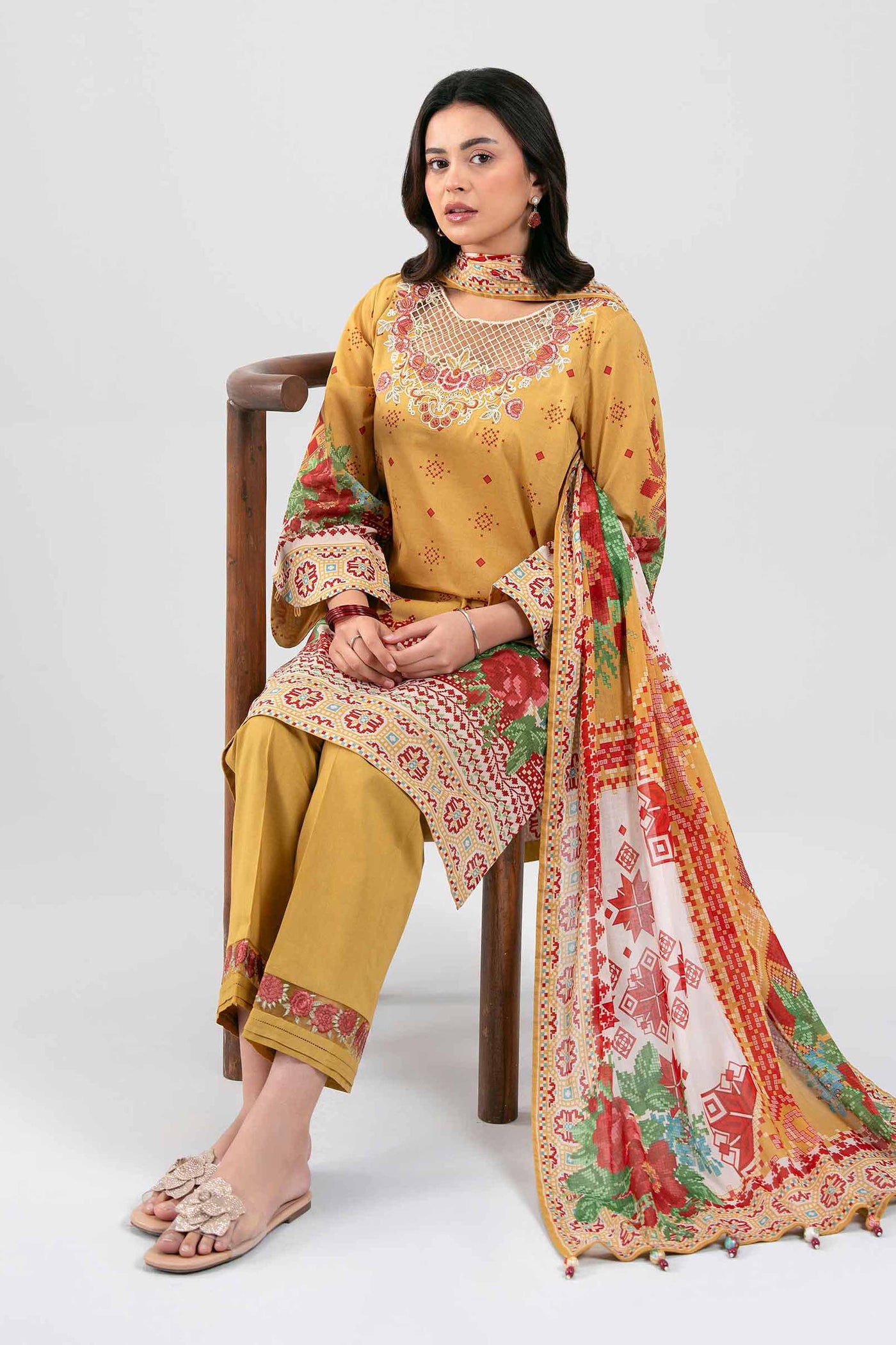 3 Piece Embroidered Raw Silk Suit