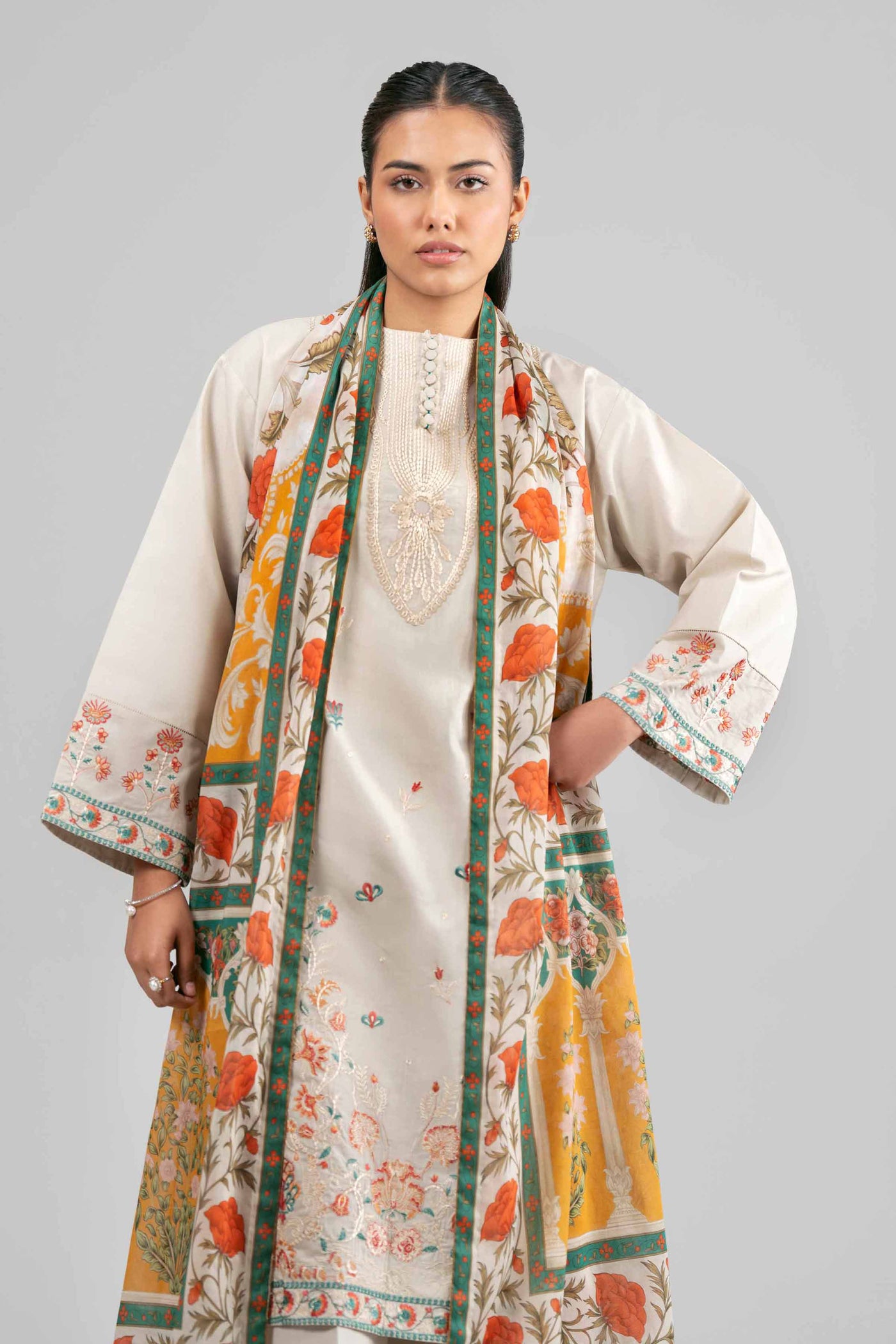 3 Piece Embroidered Satin Silk Suit