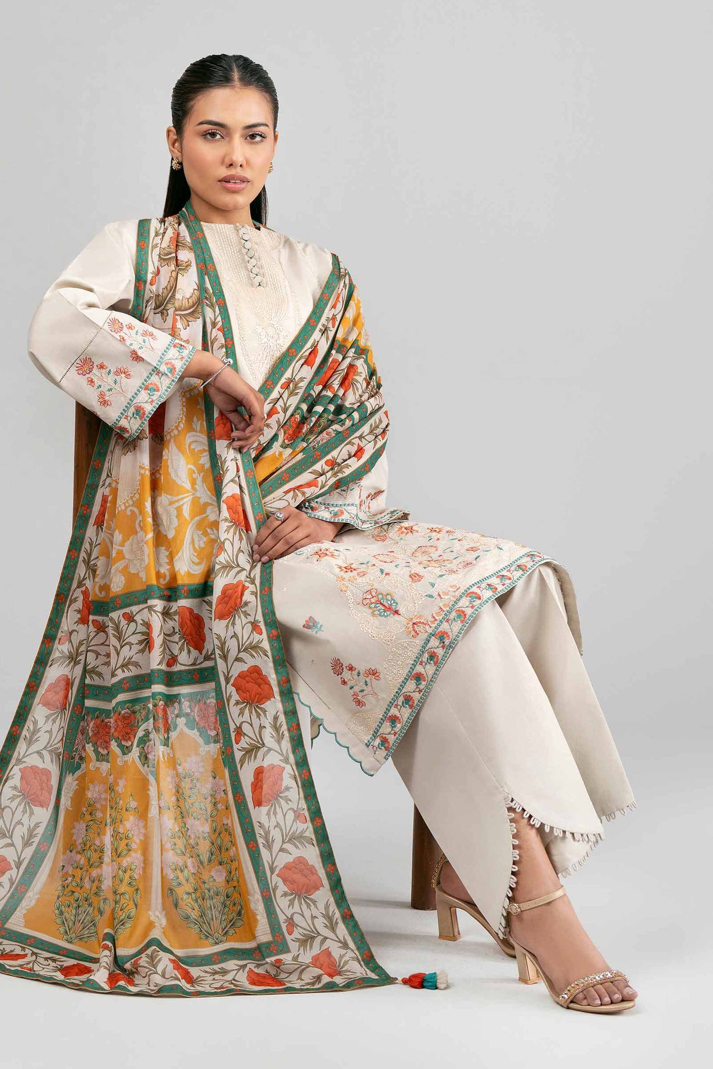 3 Piece Embroidered Satin Silk Suit