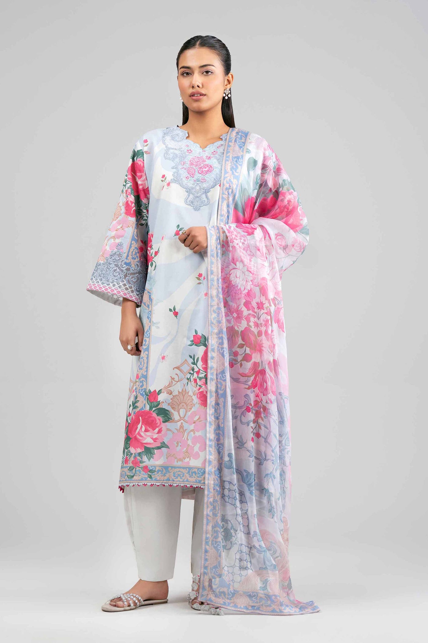 3 Piece Embroidered Raw Silk Suit