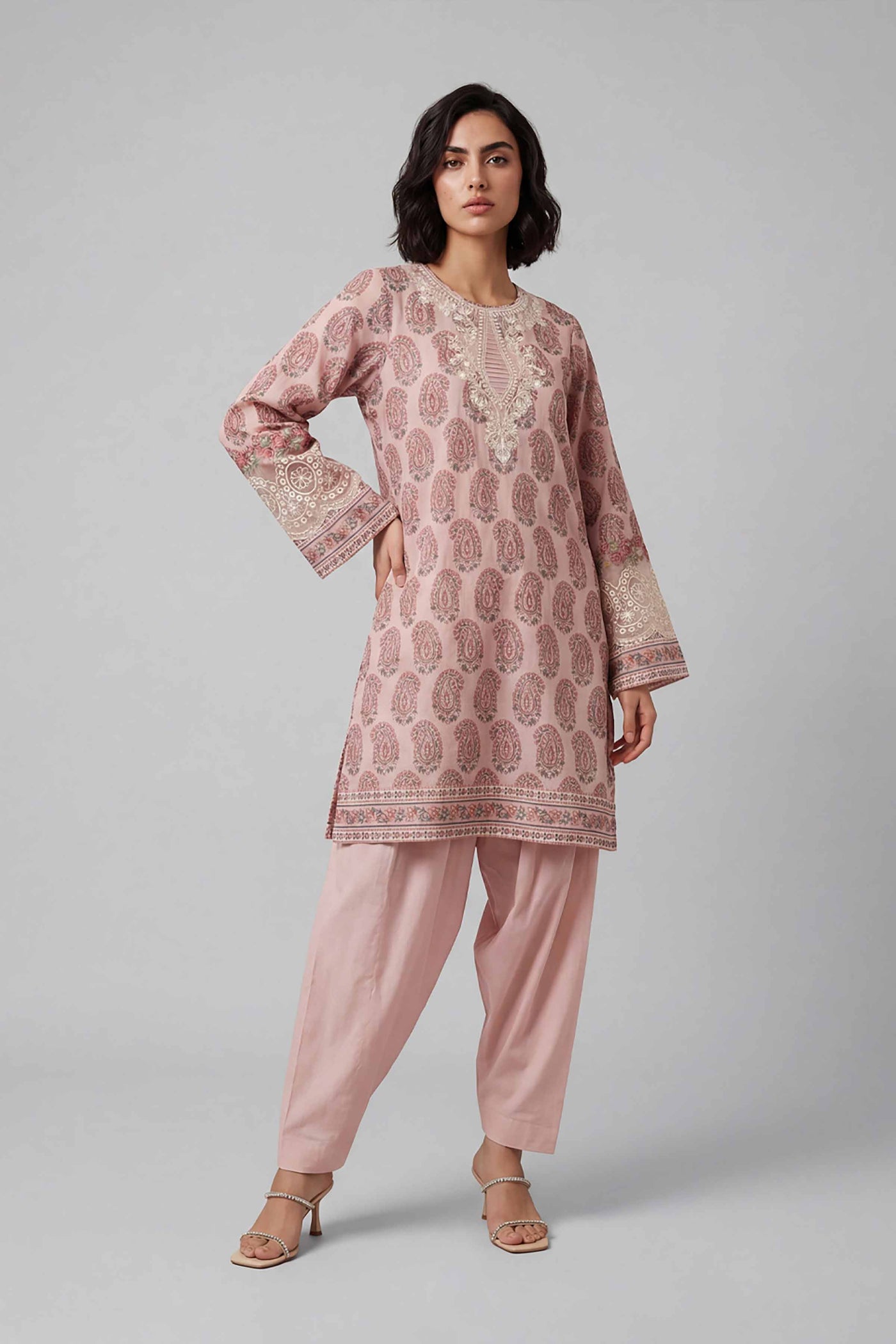 3 Piece Embroidered Zari Net Suit