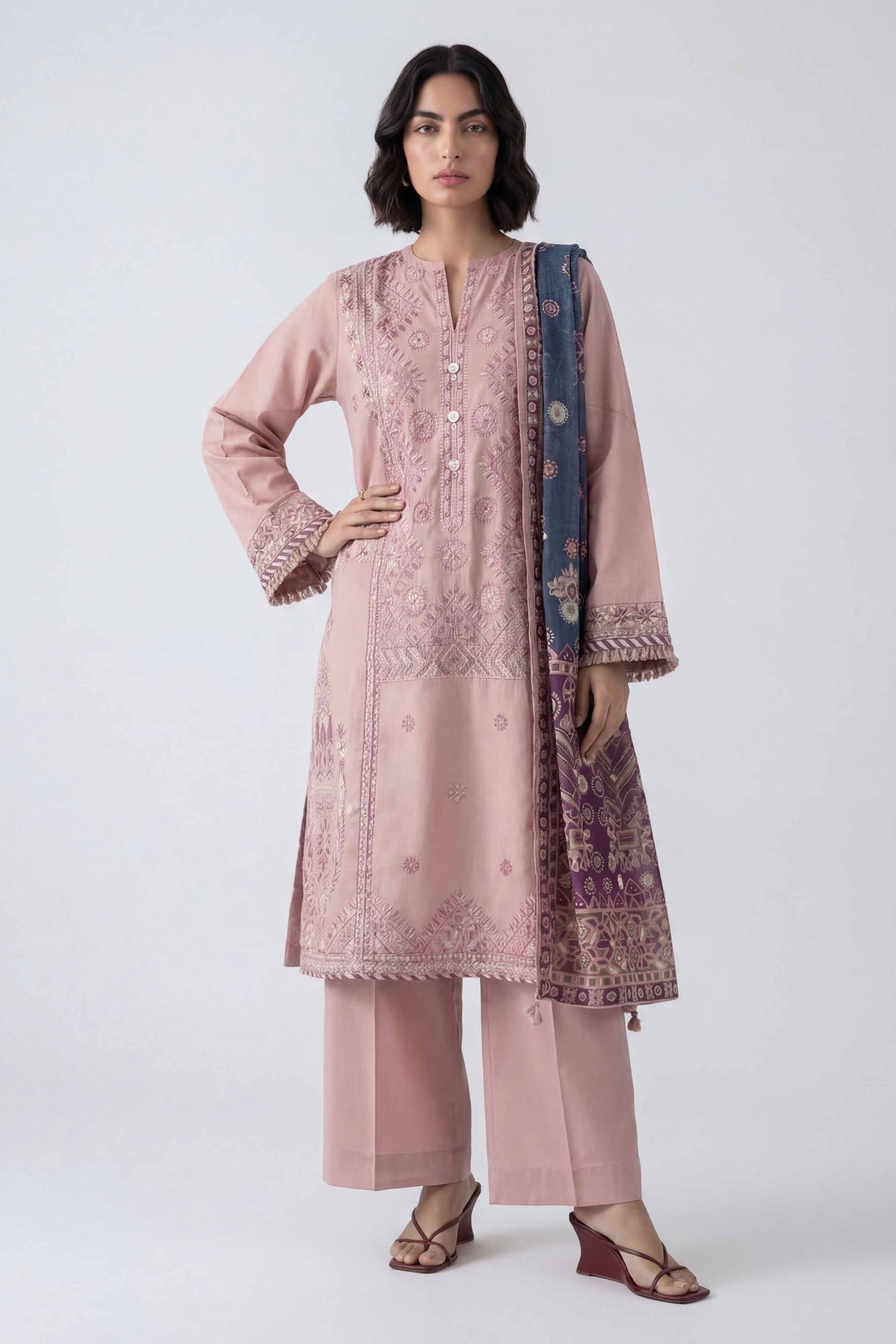 3 Piece Unstitched Embroidered Twill Linen Suit