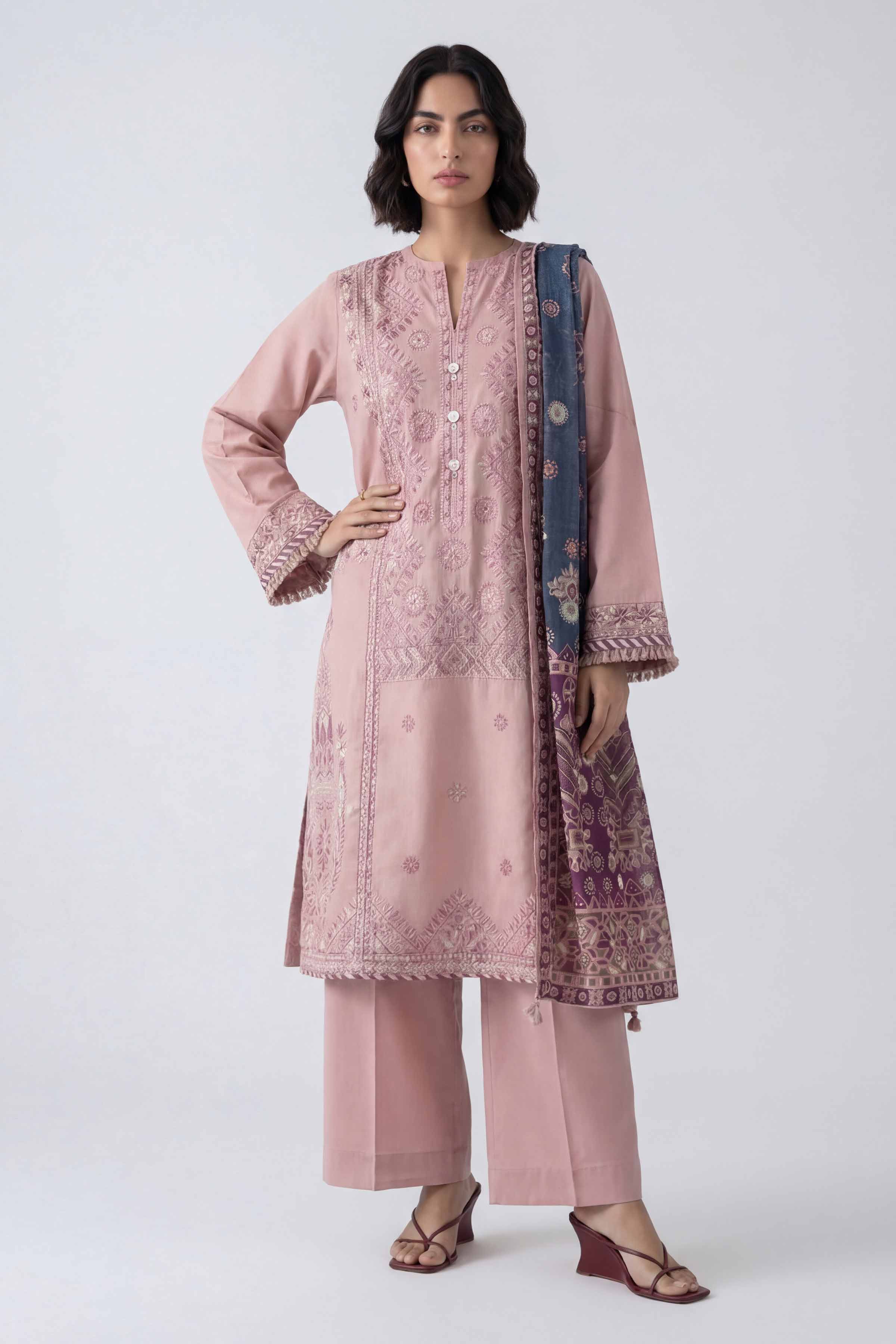 3 Piece Unstitched Embroidered Twill Linen Suit