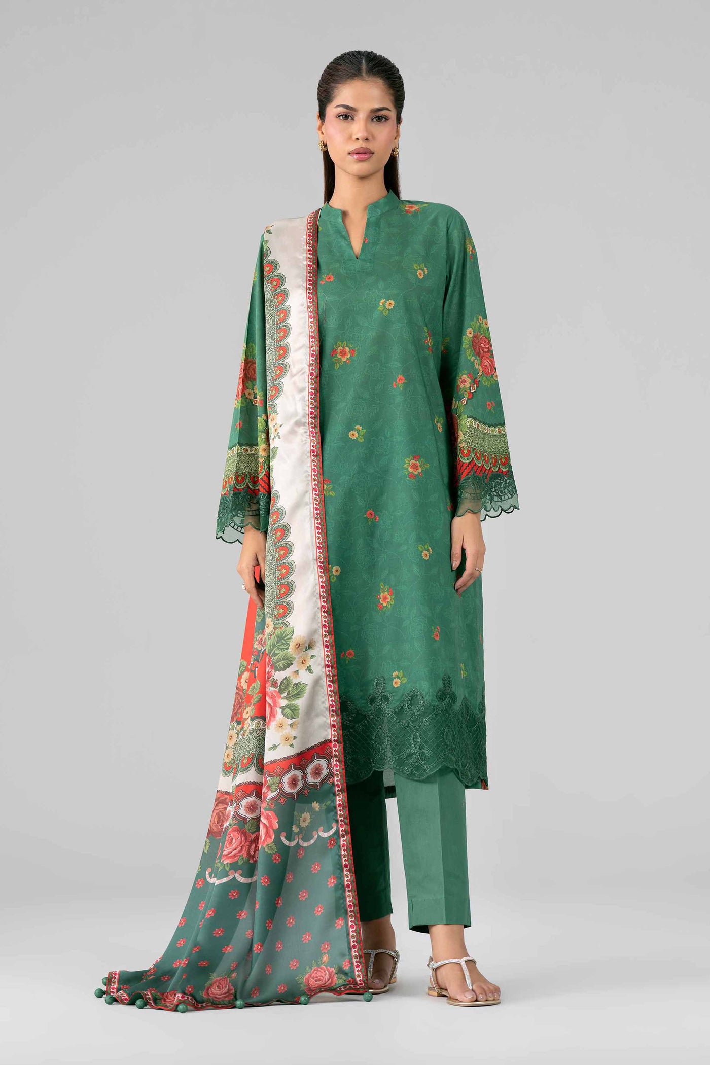 3 Piece Embroidered Raw Silk Suit