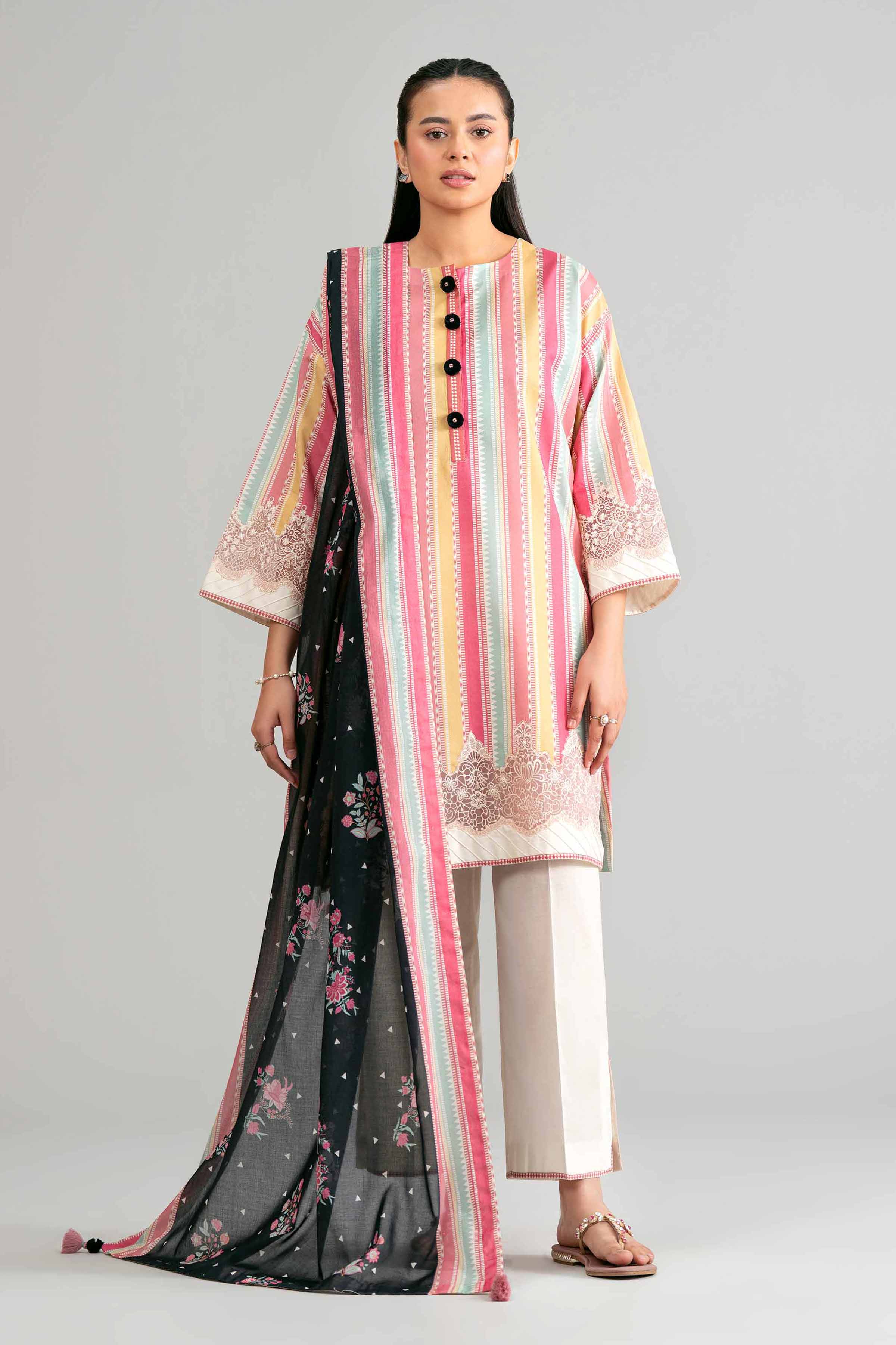 3 Piece - Printed Embroidered Suit - 42601855