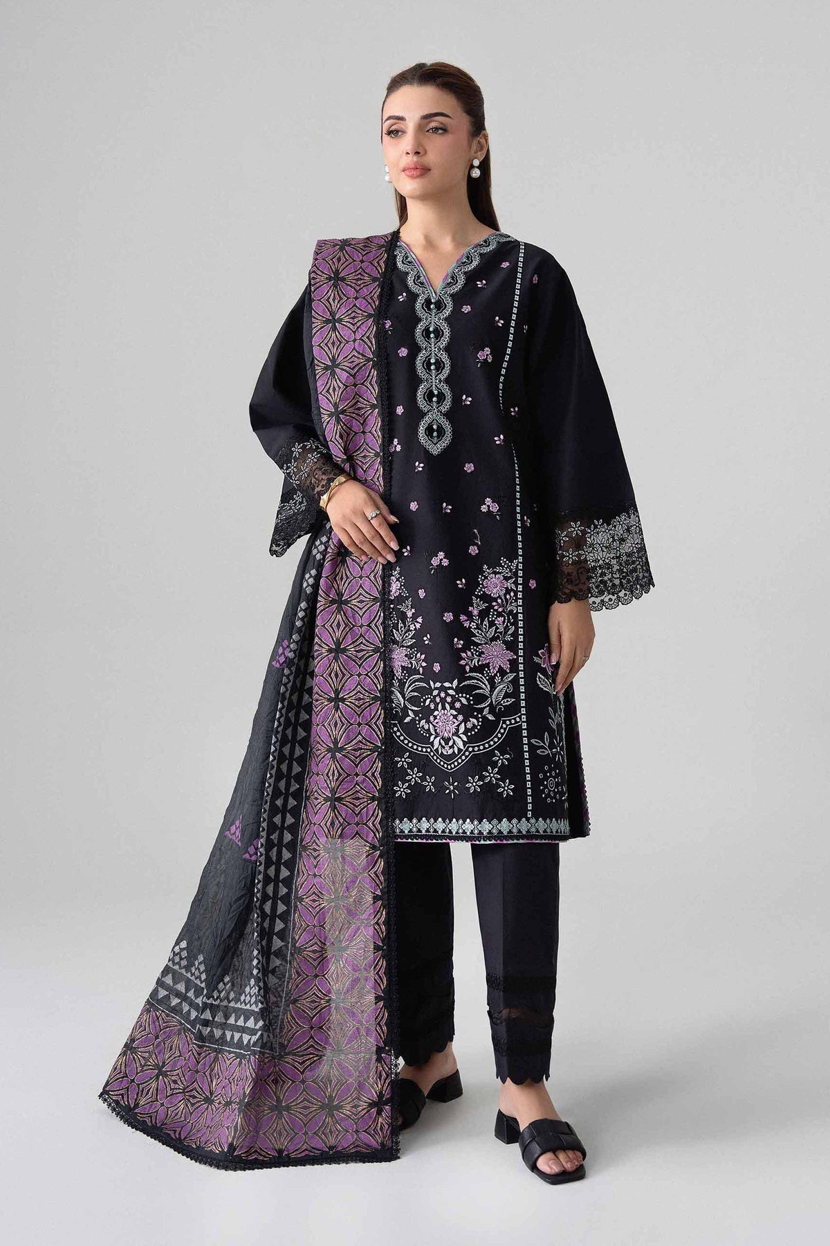 3 Piece - Printed Embroidered Suit - 42602245