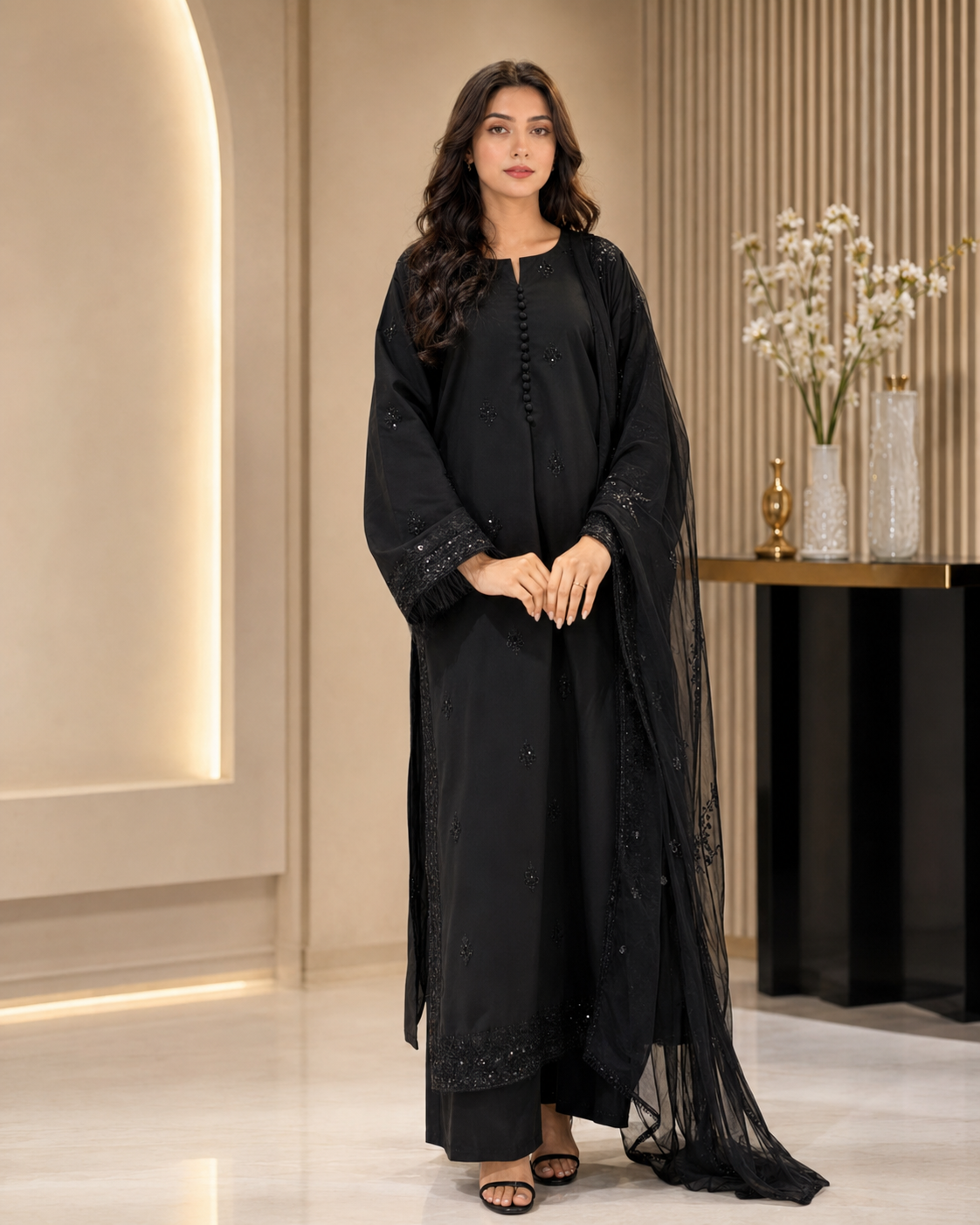 Shab-e-Noor - Black 3 Piece Stitched Suit with black  Sequence Work | Luxury Pret