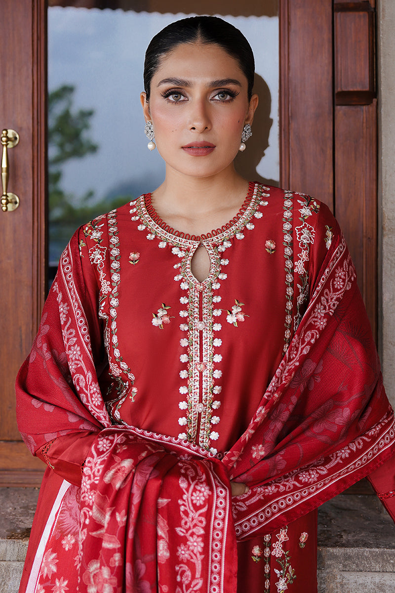 RUBY WHISPER-3PC SATIN EMBROIDERED SUIT UNSTITCH / RED / SATIN (RTS)-CROSS STITCHED
