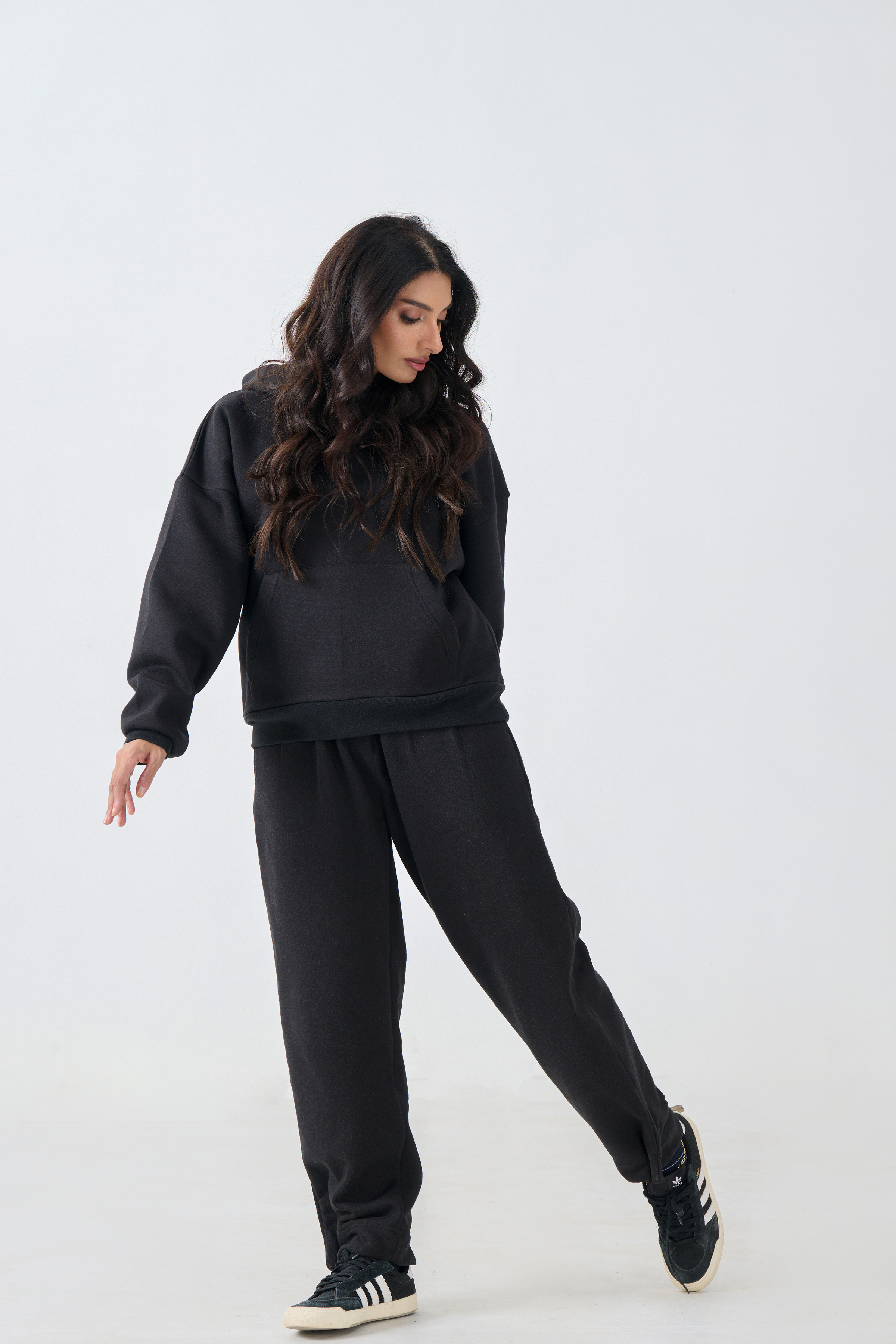 Loose Fit Fleece Pull Over Hoodie with Digital Print Patch (Black)