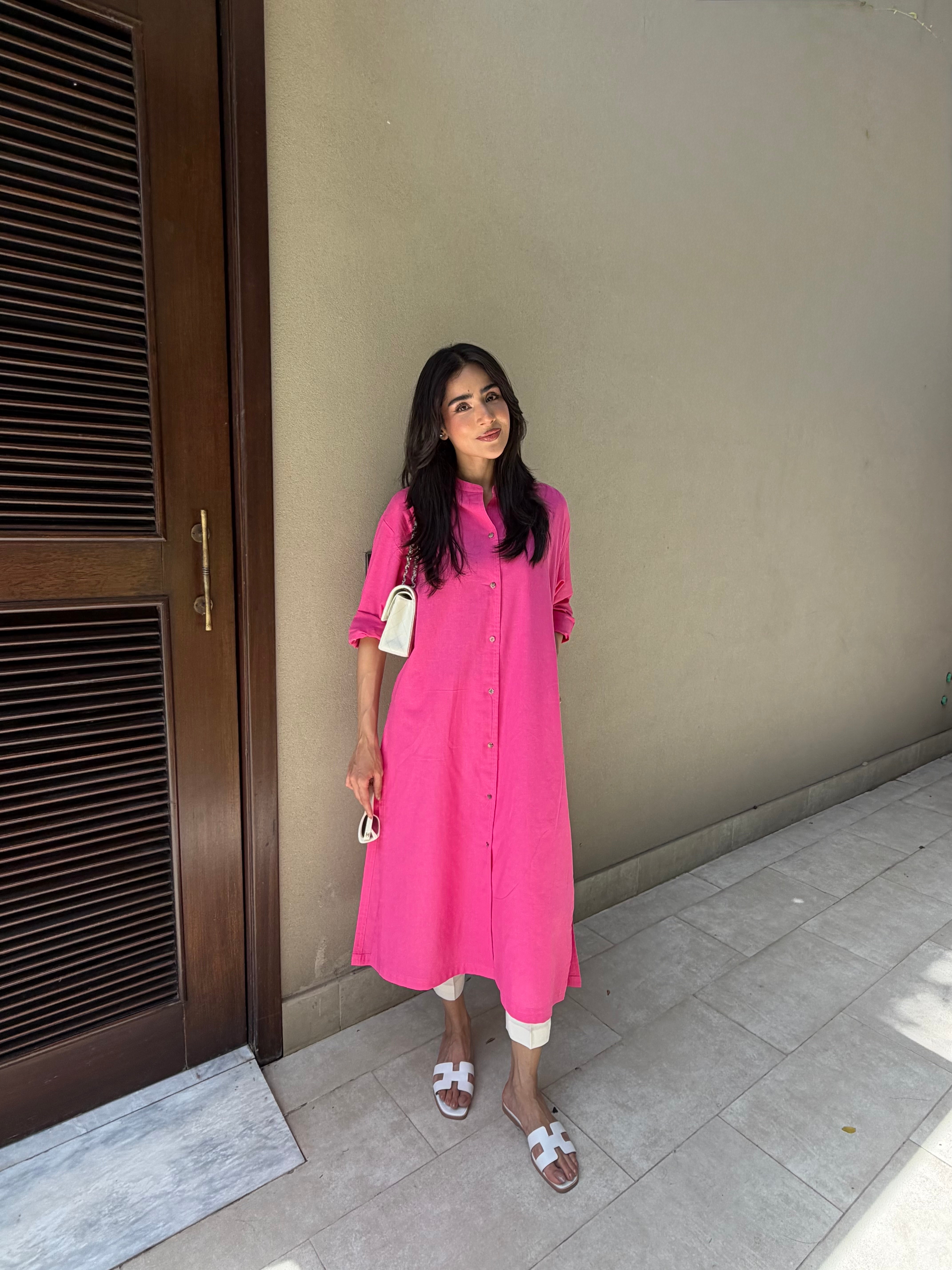 Oversized Linen Shirt Dress in Hot Pink