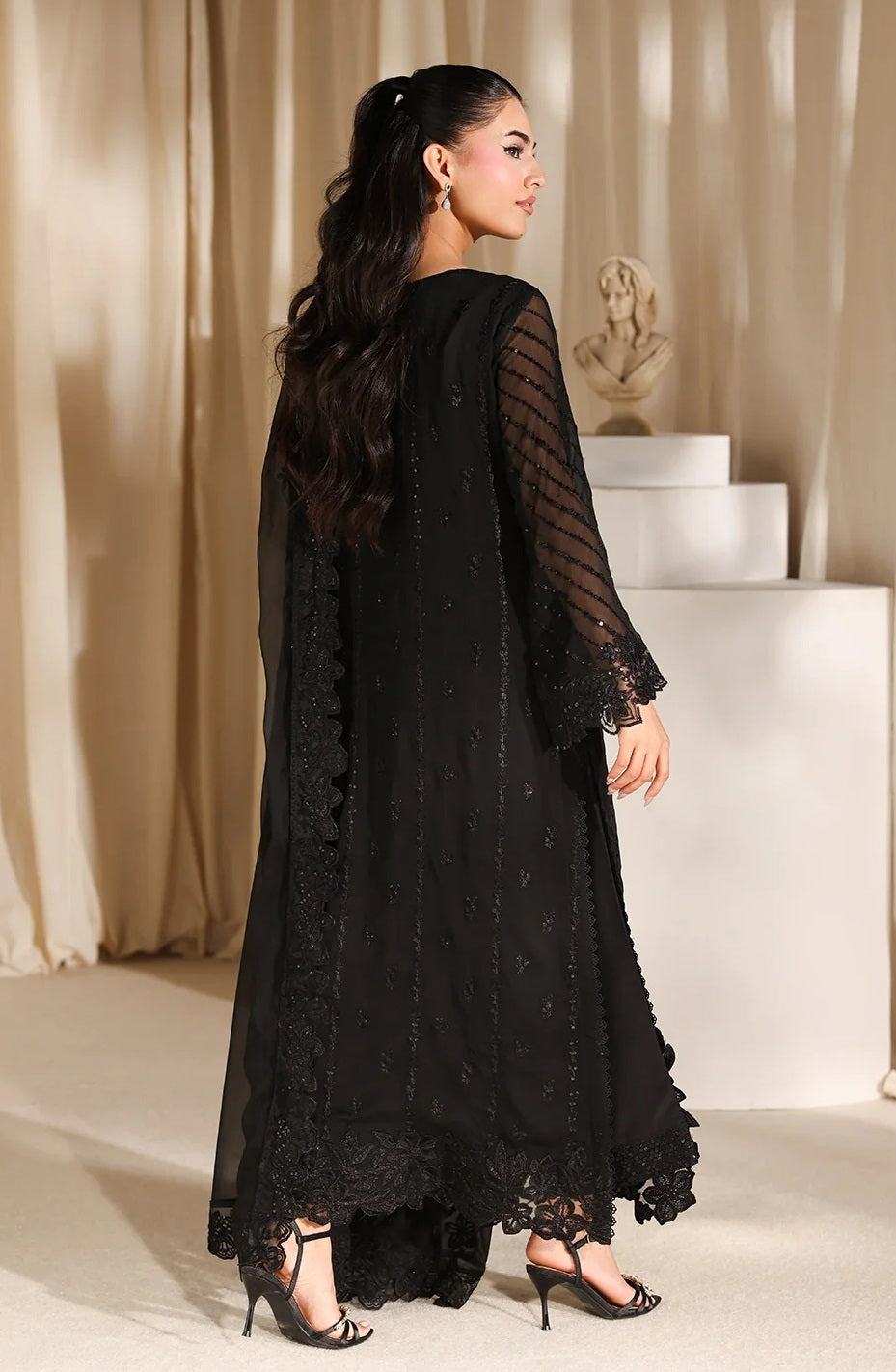 Azure Luxury Chiffon Embroidered 3Pc Unstitched Suit - Black Pearl - PA - 107