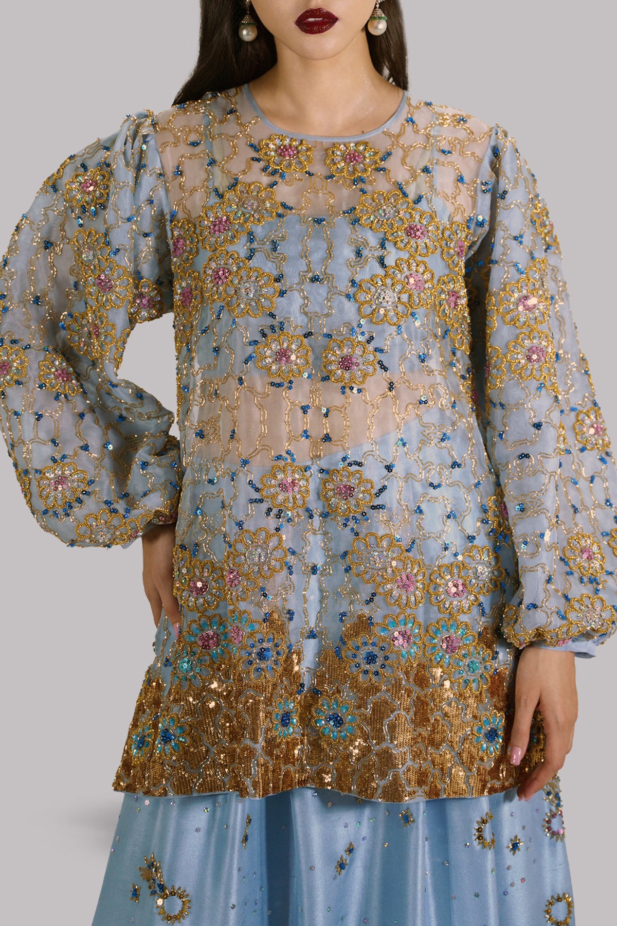 Cashmere Blue Embellished Organza Skirt Set