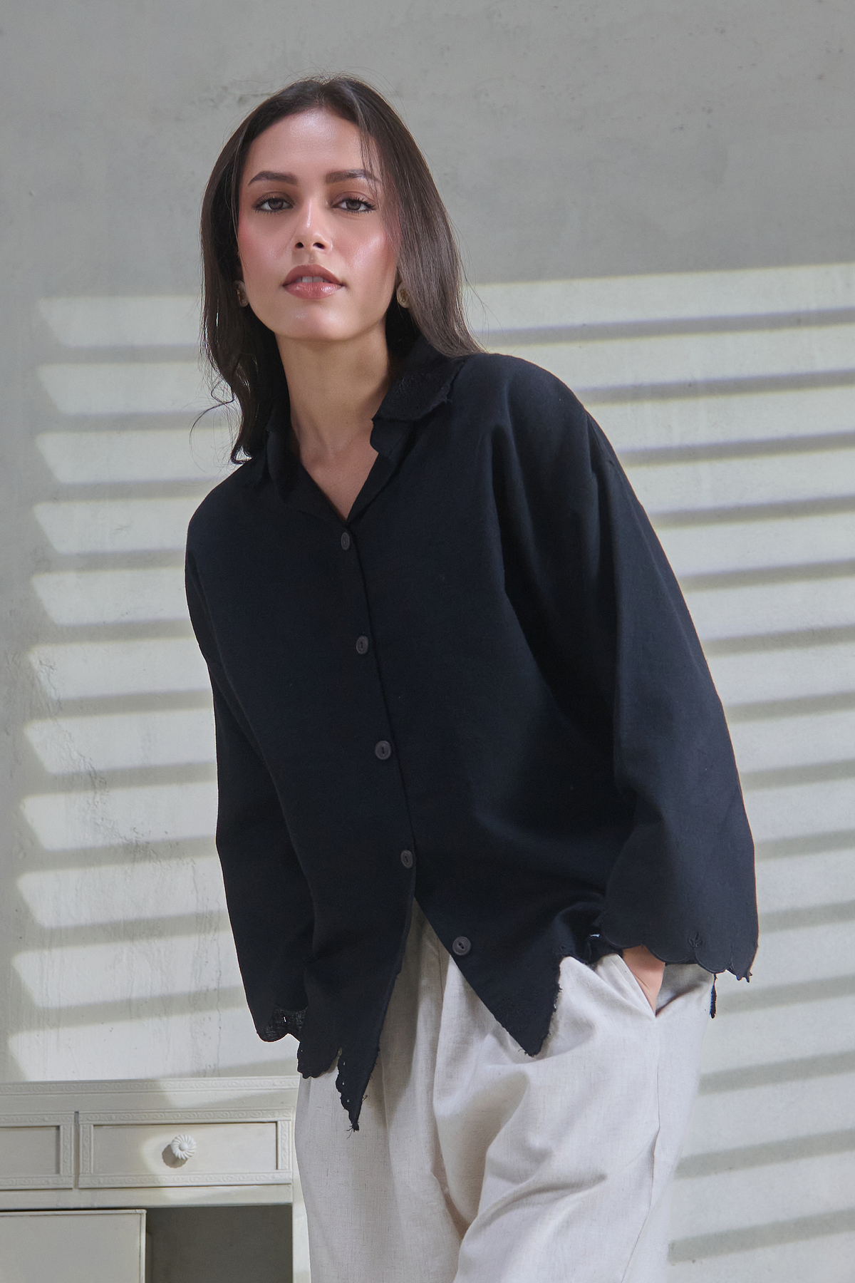 Black Linen Embroidered Button Down Shirt