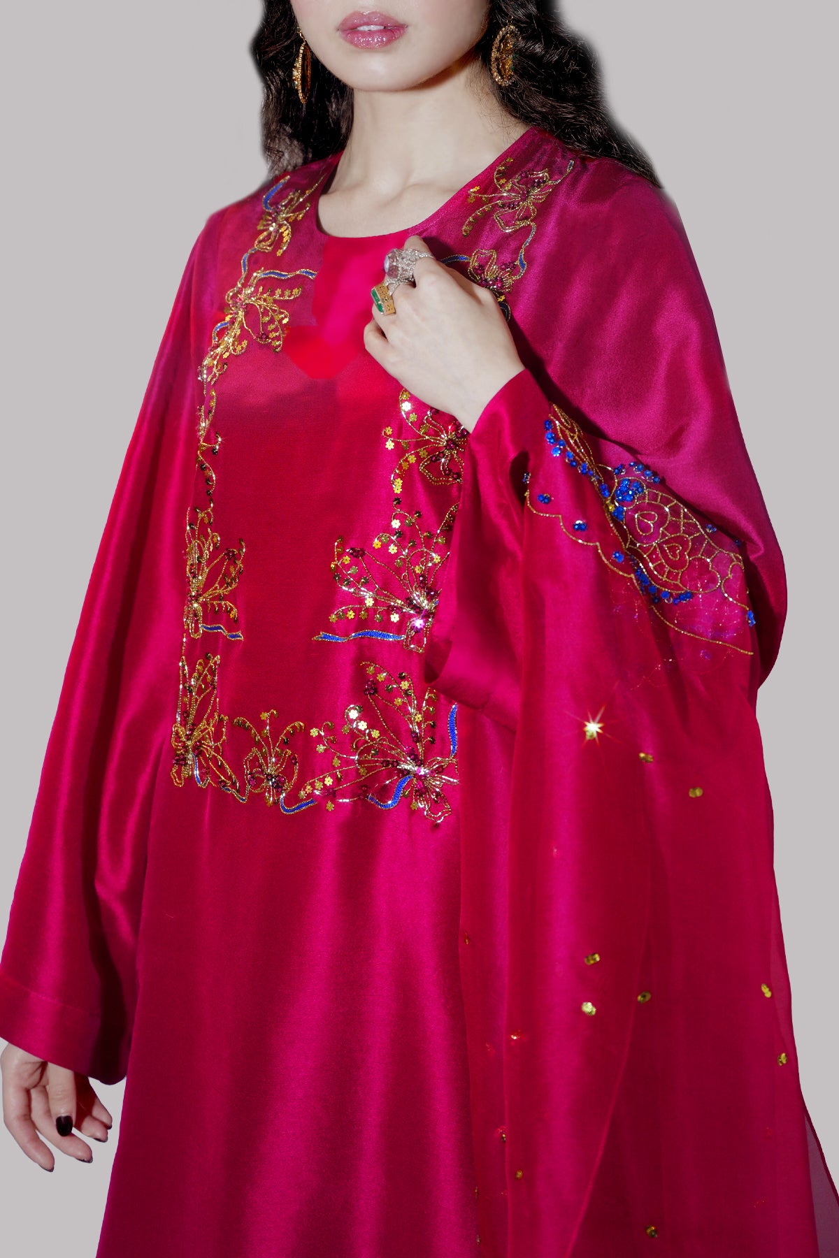 Tango Red Embellished Raw Silk Set