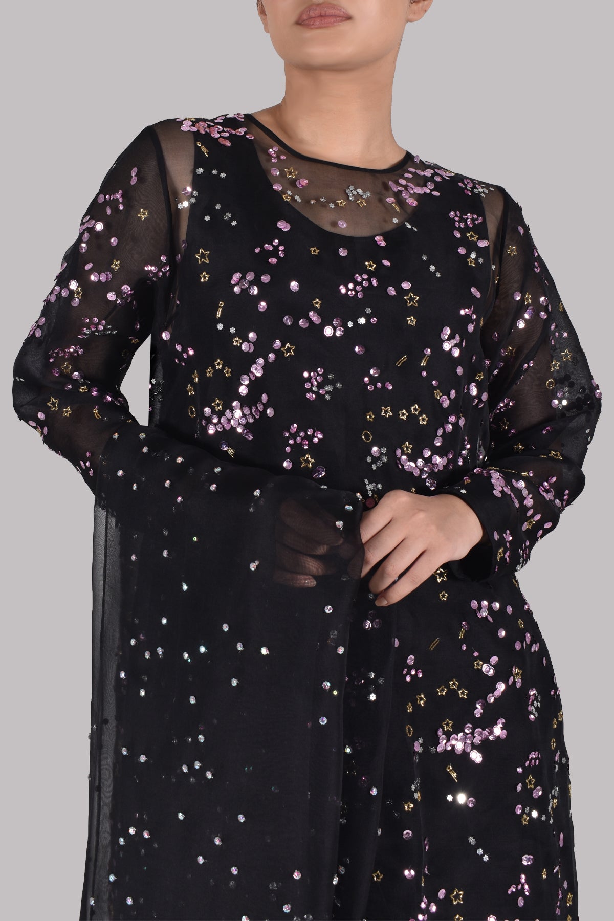 Black Embellished Organza Set