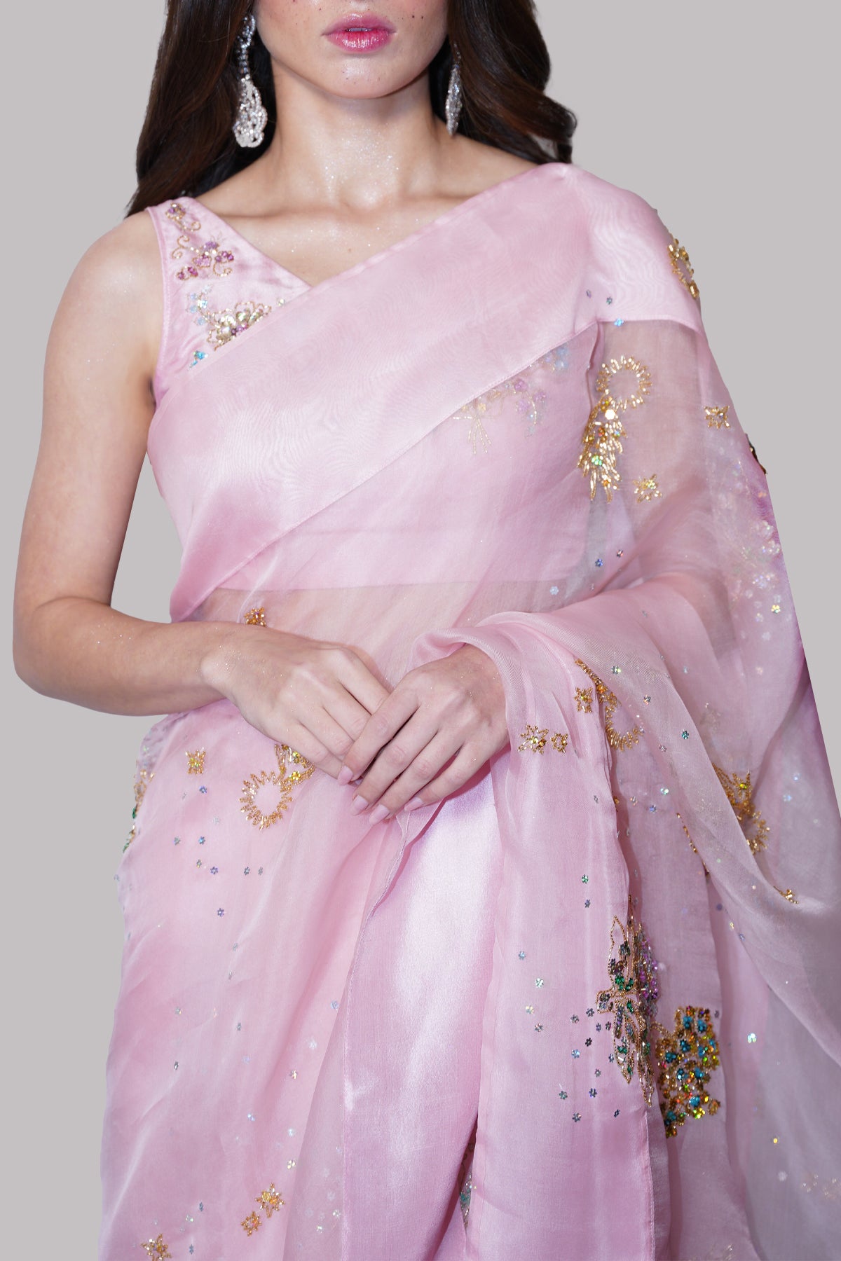 Sea Pink Embellished Organza Sari