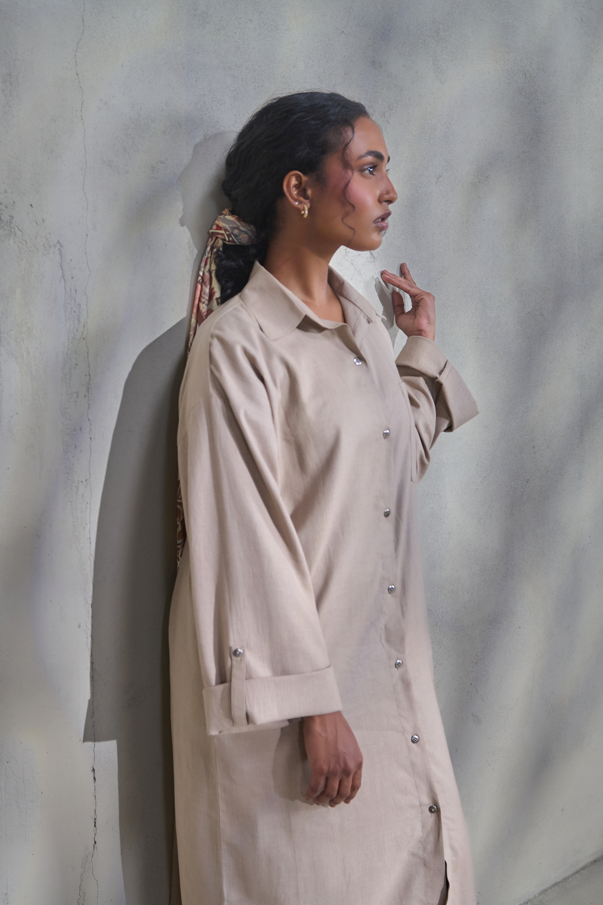 Beige Linen Front Open Dress