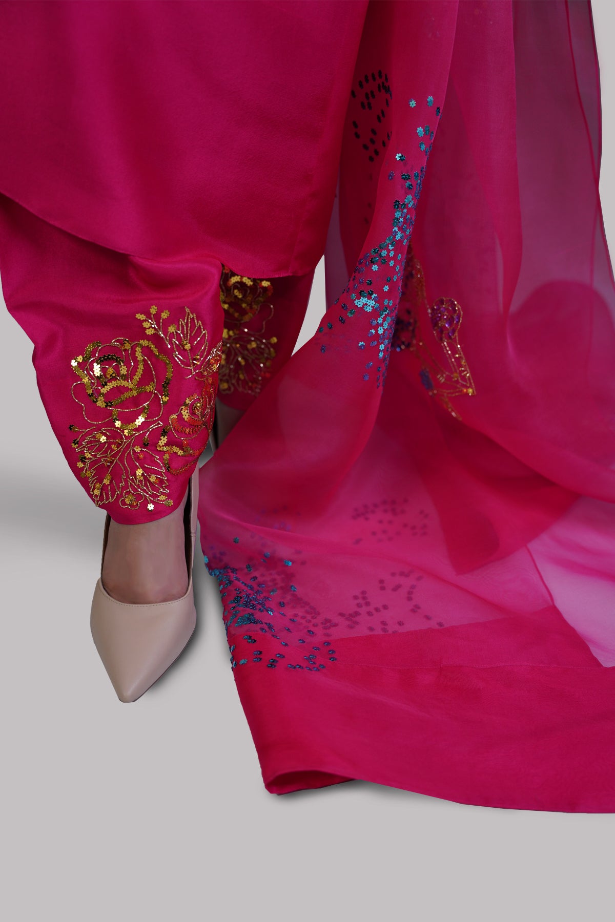 Virtual Pink Embellished Raw Silk Set