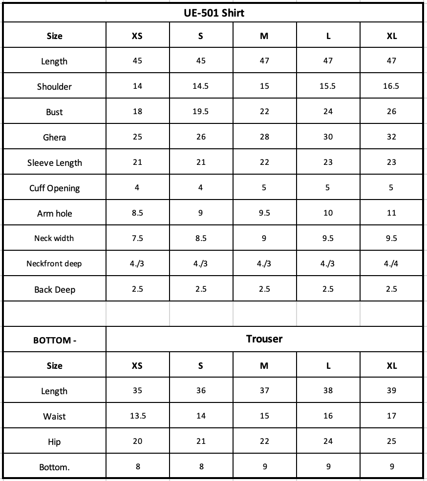 Size Chart (inches)
