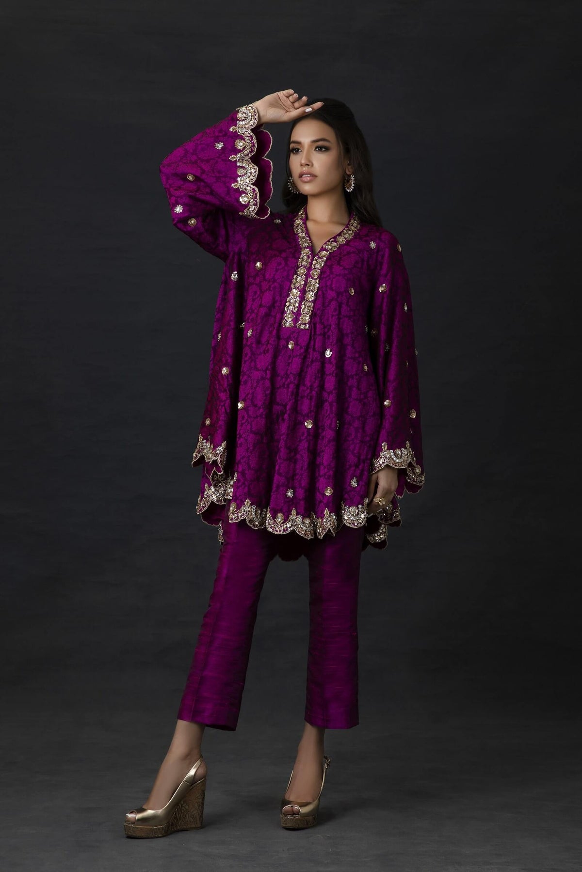 Magenta Embellished Bias Cut Tunic with Cropped Trousers
