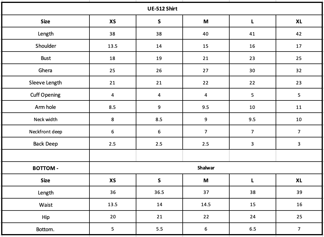 Size Chart (inches)