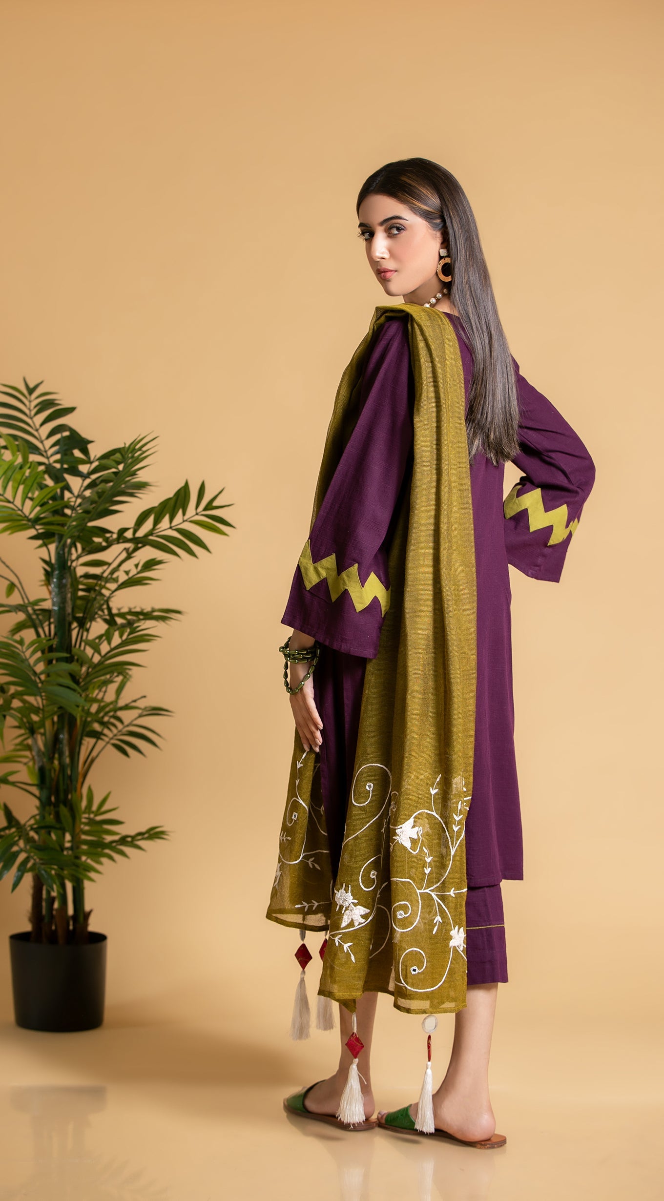 Khaddi Net Dupatta with Wooden Beaded Tassels