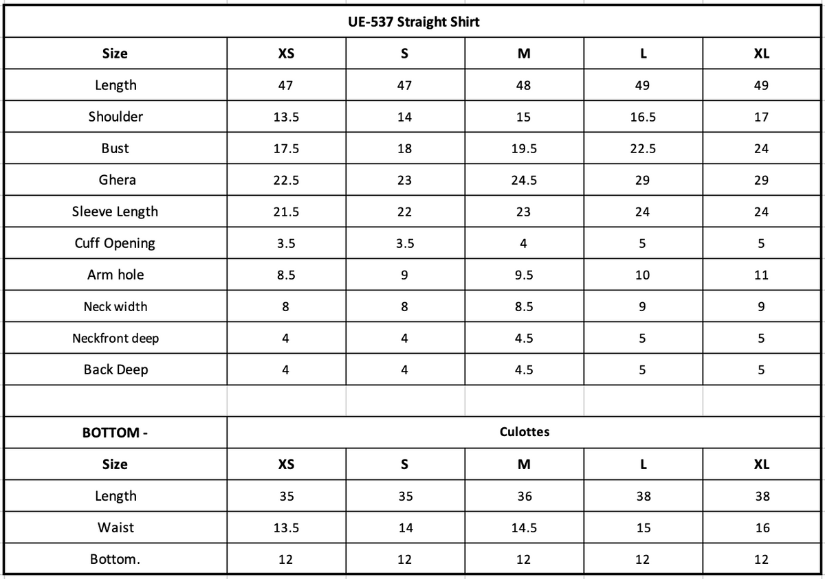 Size Chart (inches)